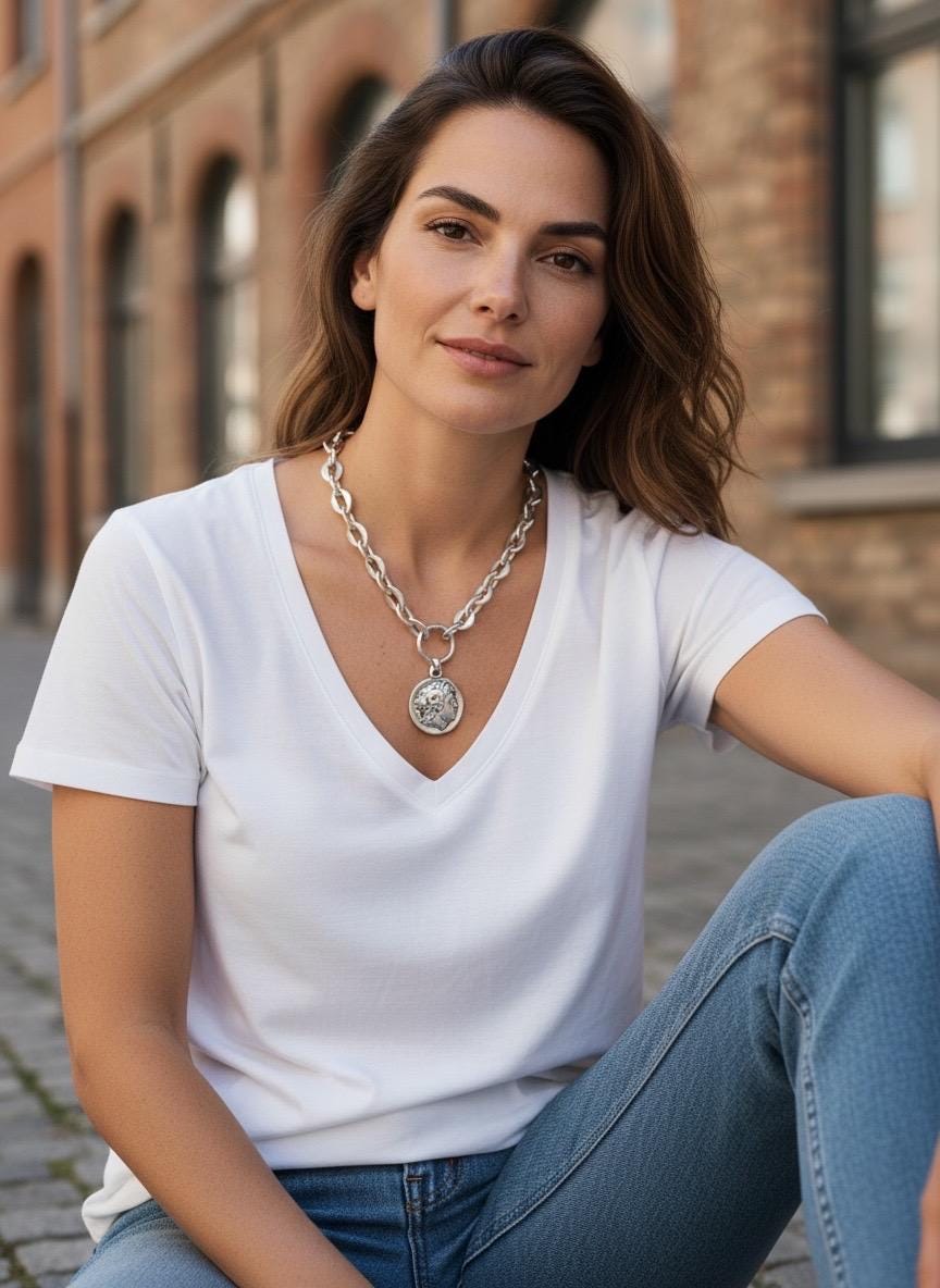 Chunky silver plated chain necklace with statement coin pendant, customized jewelry