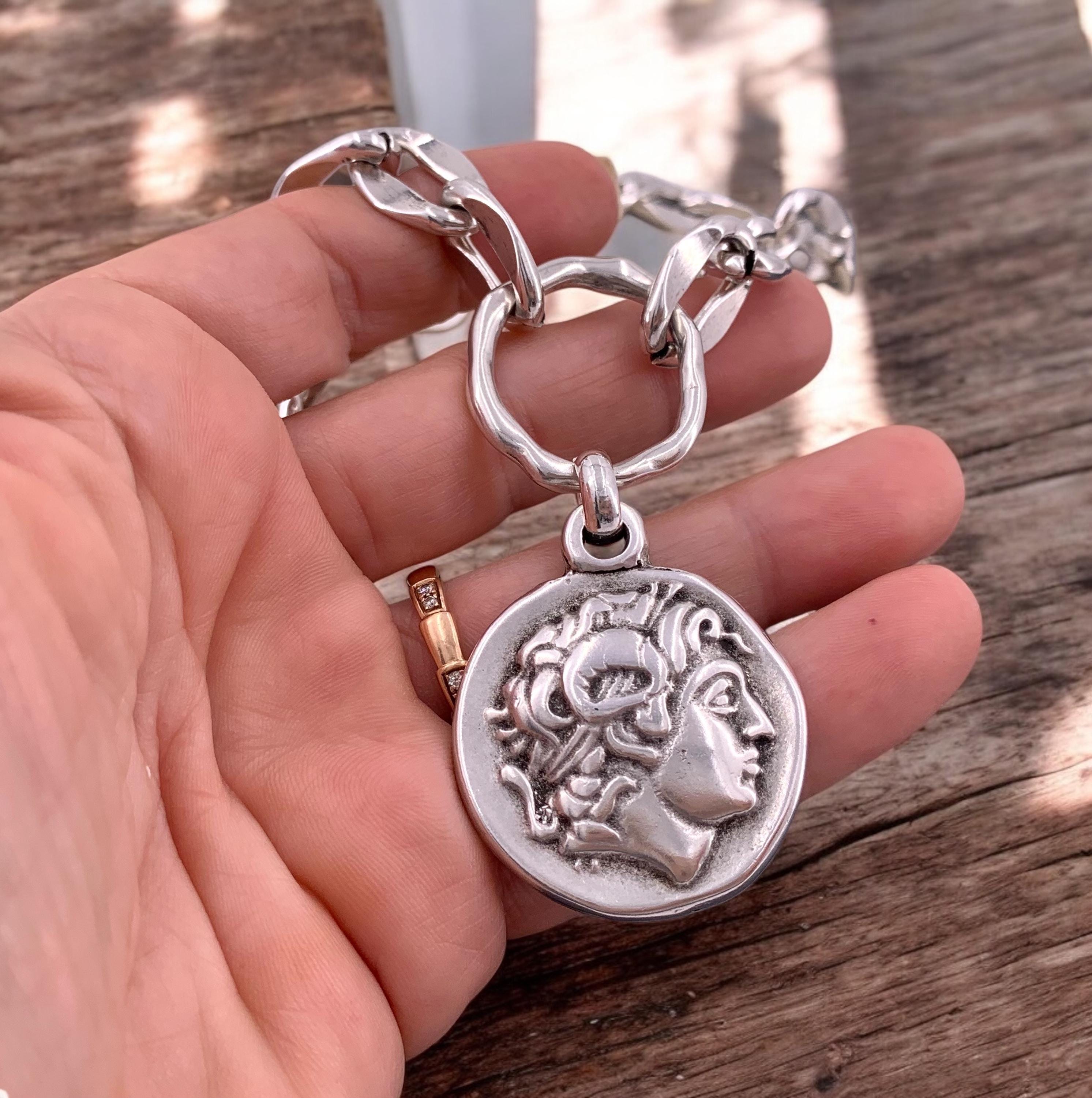 Chunky silver plated chain necklace with statement coin pendant, customized jewelry