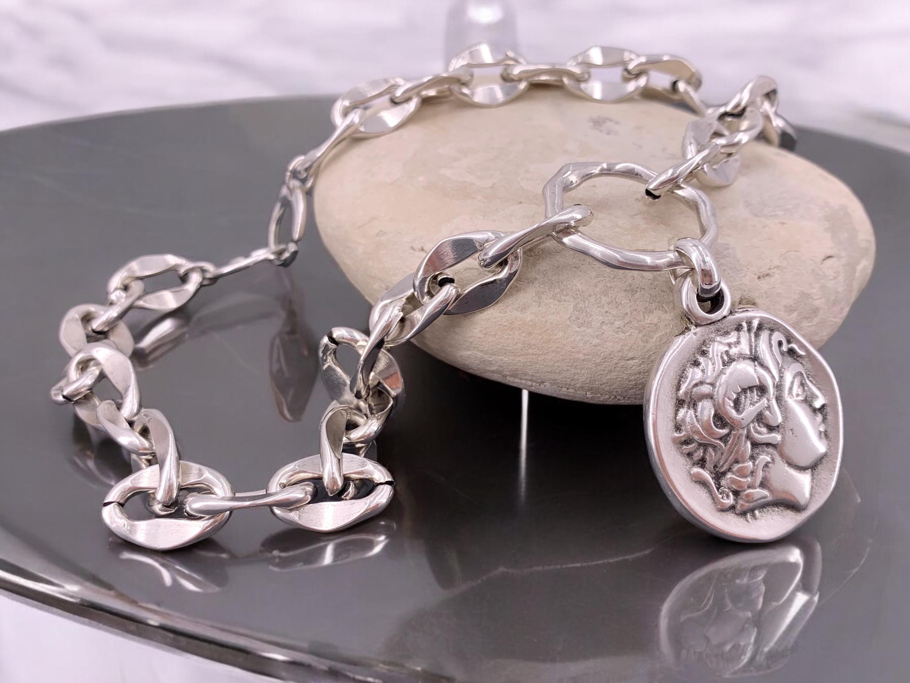 Chunky silver plated chain necklace with statement coin pendant, customized jewelry