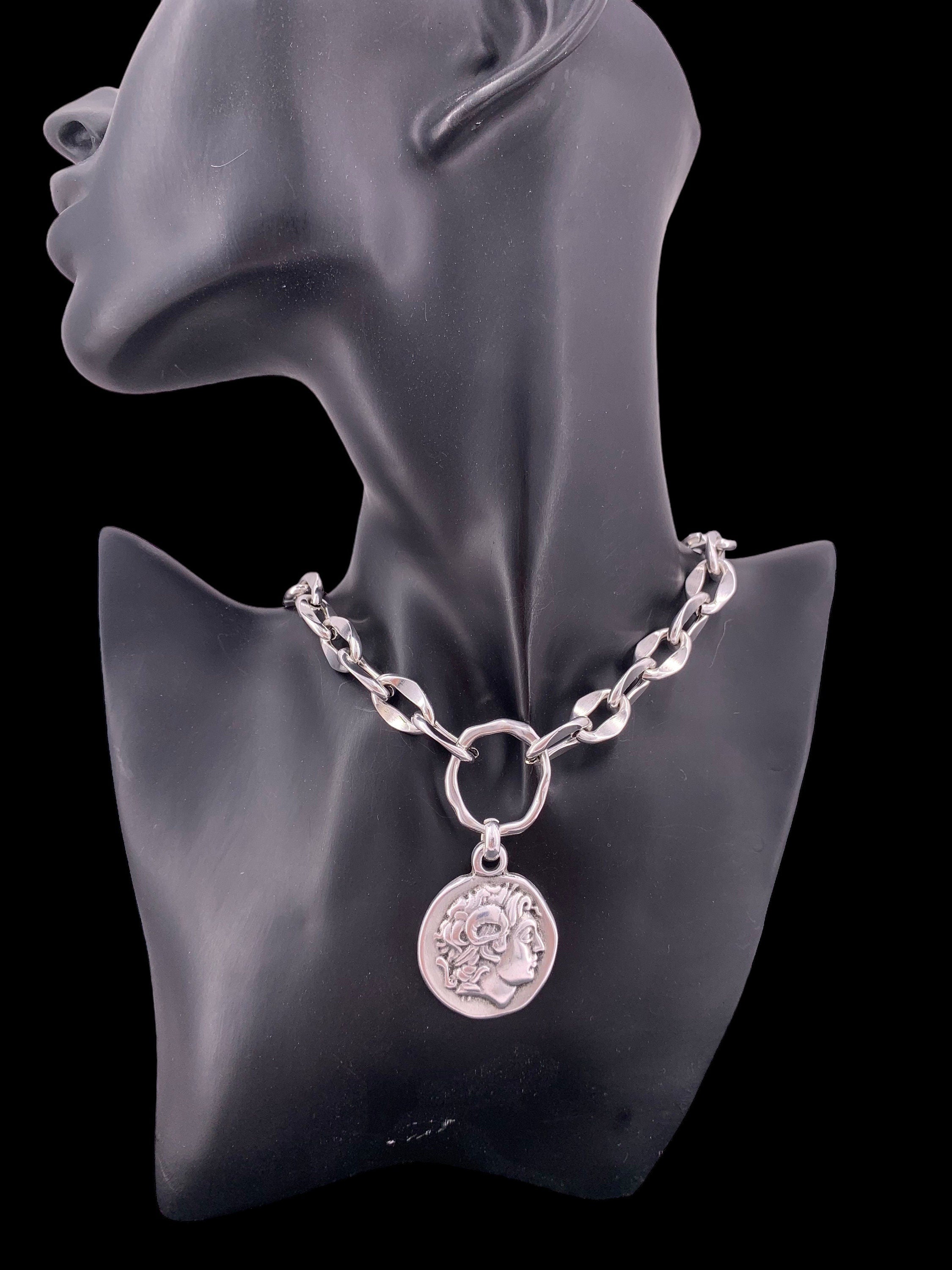 Chunky silver plated chain necklace with statement coin pendant, customized jewelry
