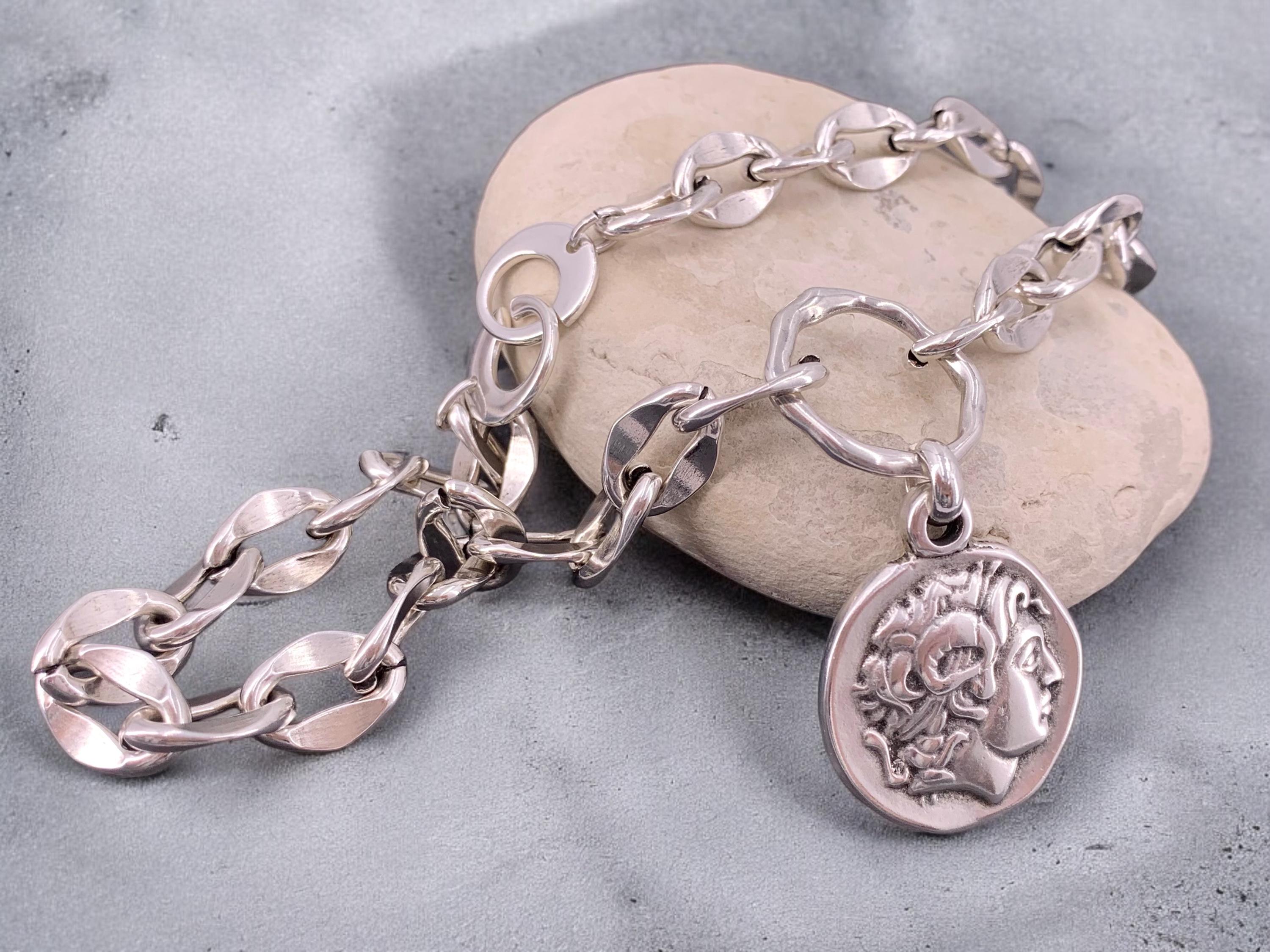 Chunky silver plated chain necklace with statement coin pendant, customized jewelry