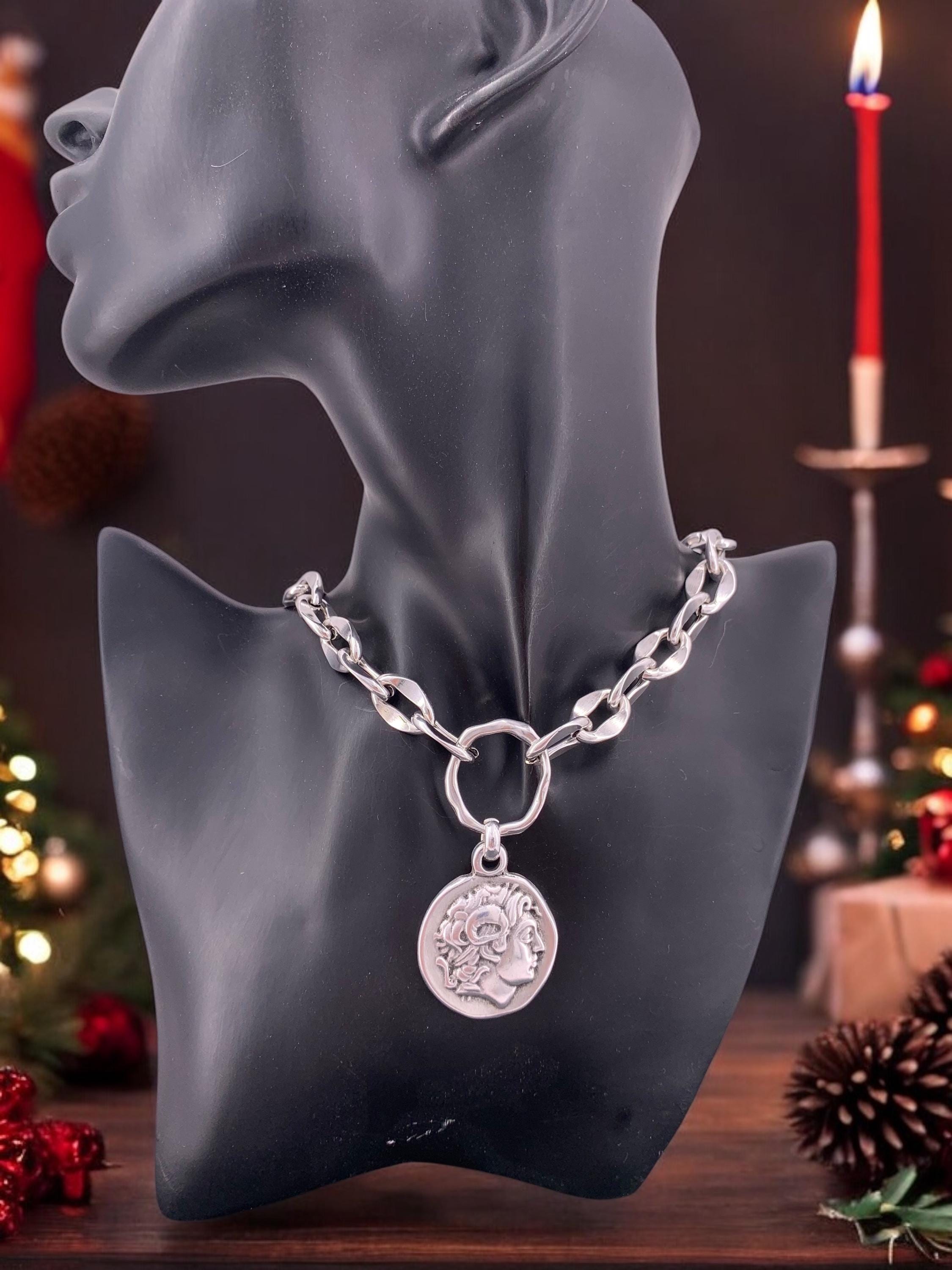 Chunky silver plated chain necklace with statement coin pendant, customized jewelry