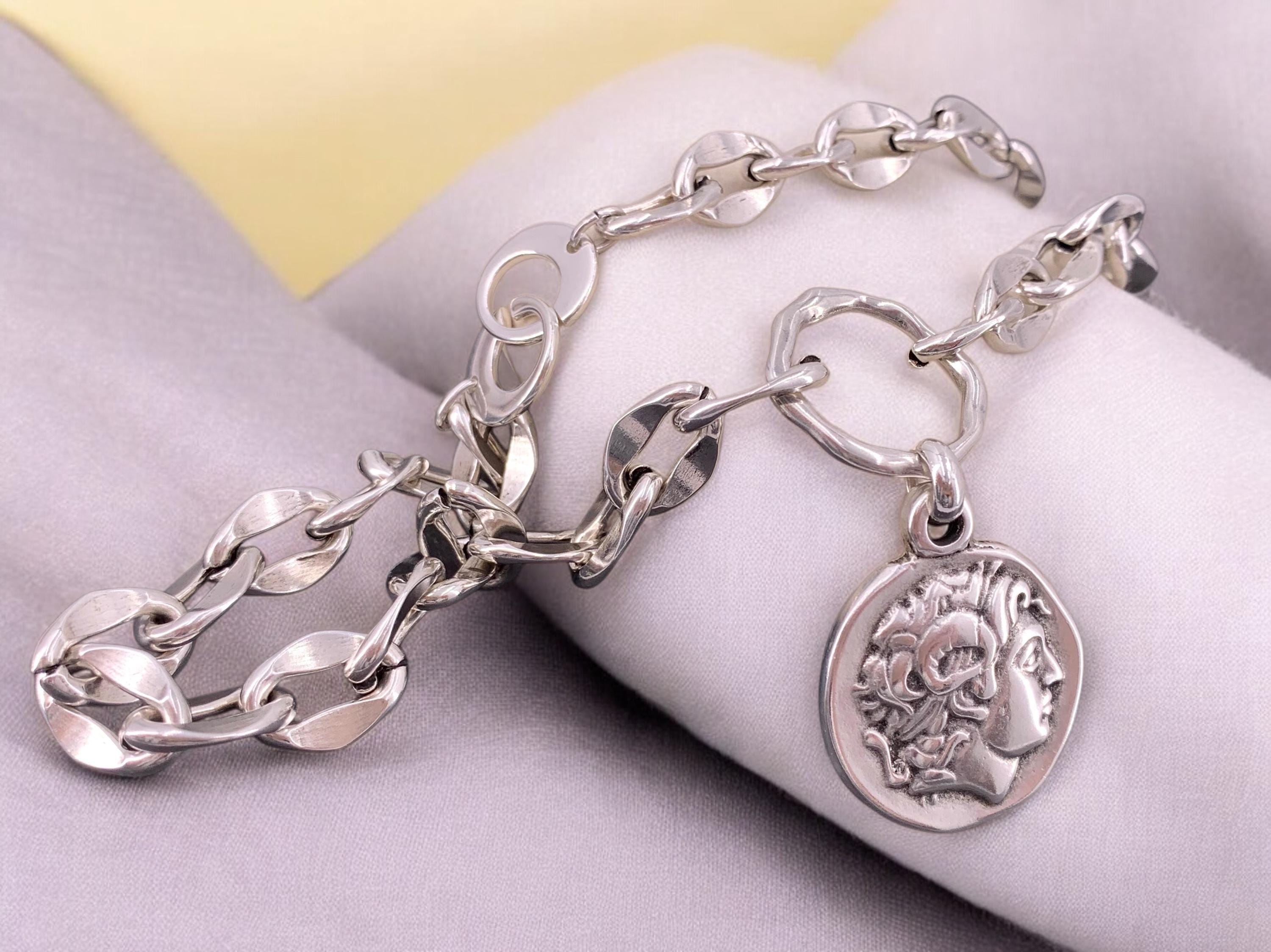 Chunky silver plated chain necklace with statement coin pendant, customized jewelry