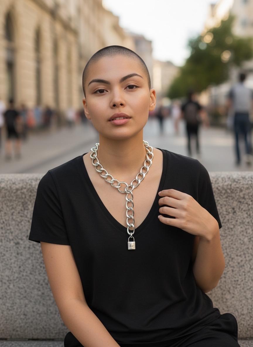 Artisian adjustable Chunky silver plated Chain Necklace with Padlock Pendant