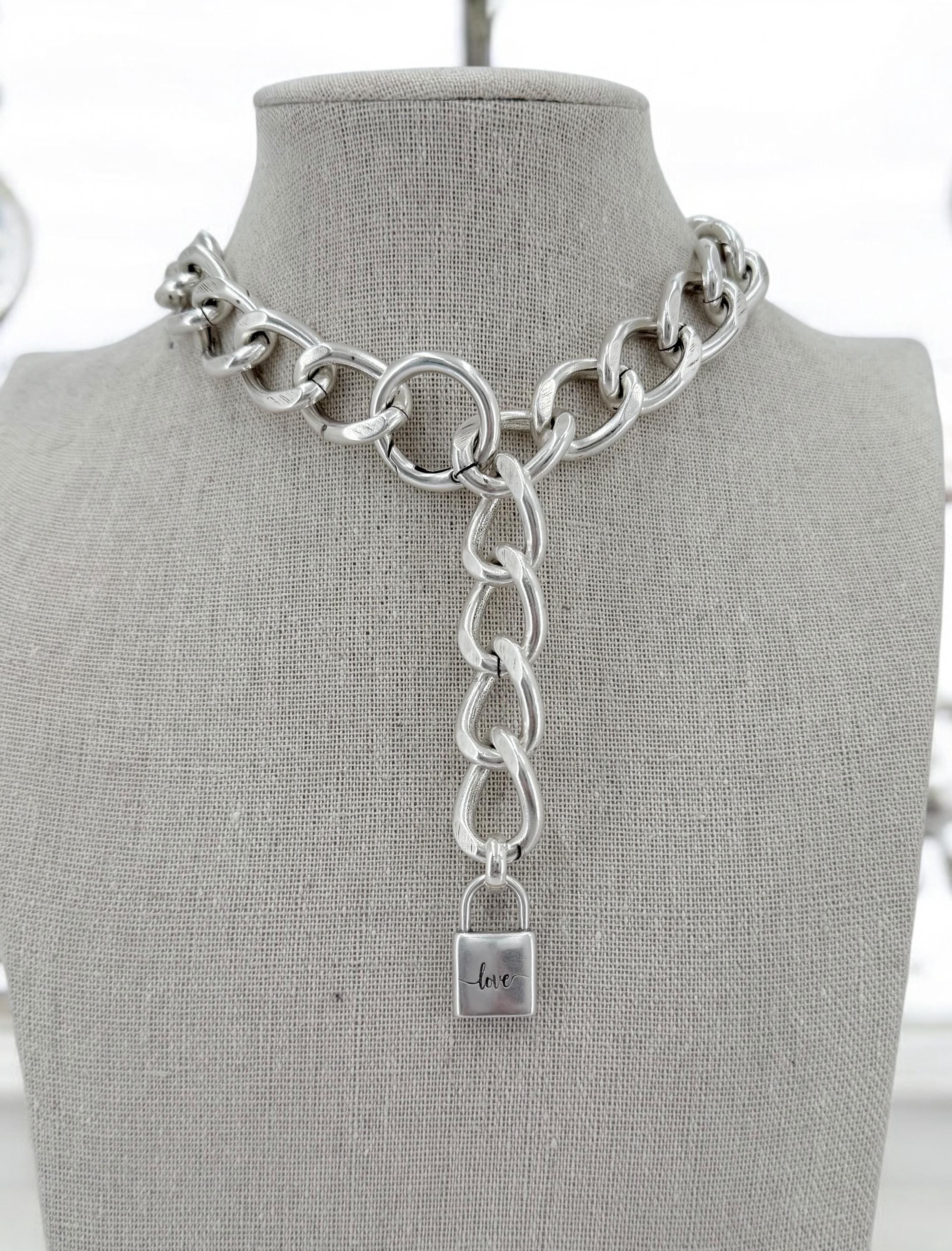 Artisian adjustable Chunky silver plated Chain Necklace with Padlock Pendant