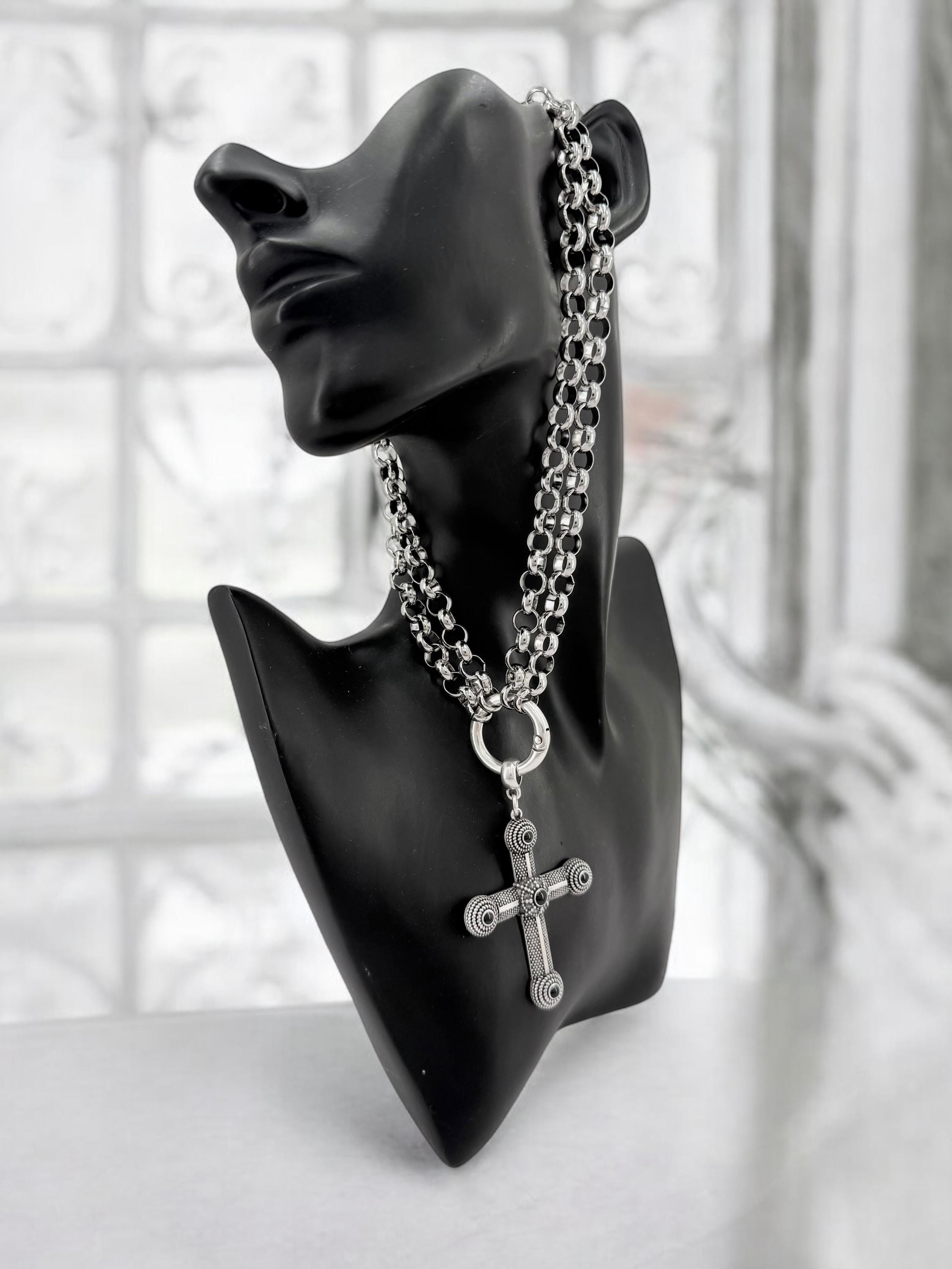 Double Strand Cross Choker – Black Enamel Pendant, Antique Silver Stainless Steel Chain