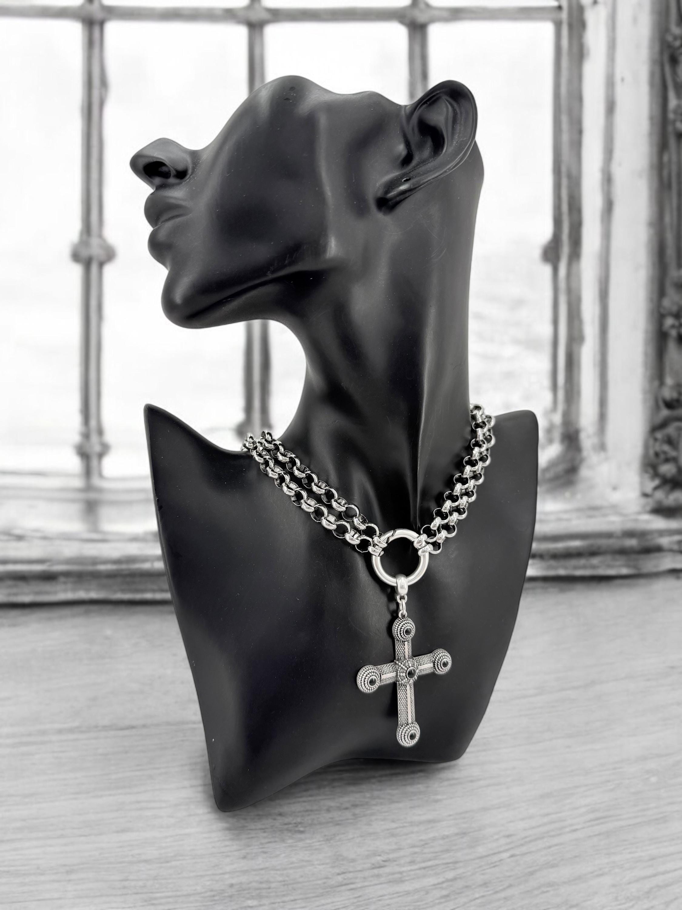 Double Strand Cross Choker – Black Enamel Pendant, Antique Silver Stainless Steel Chain