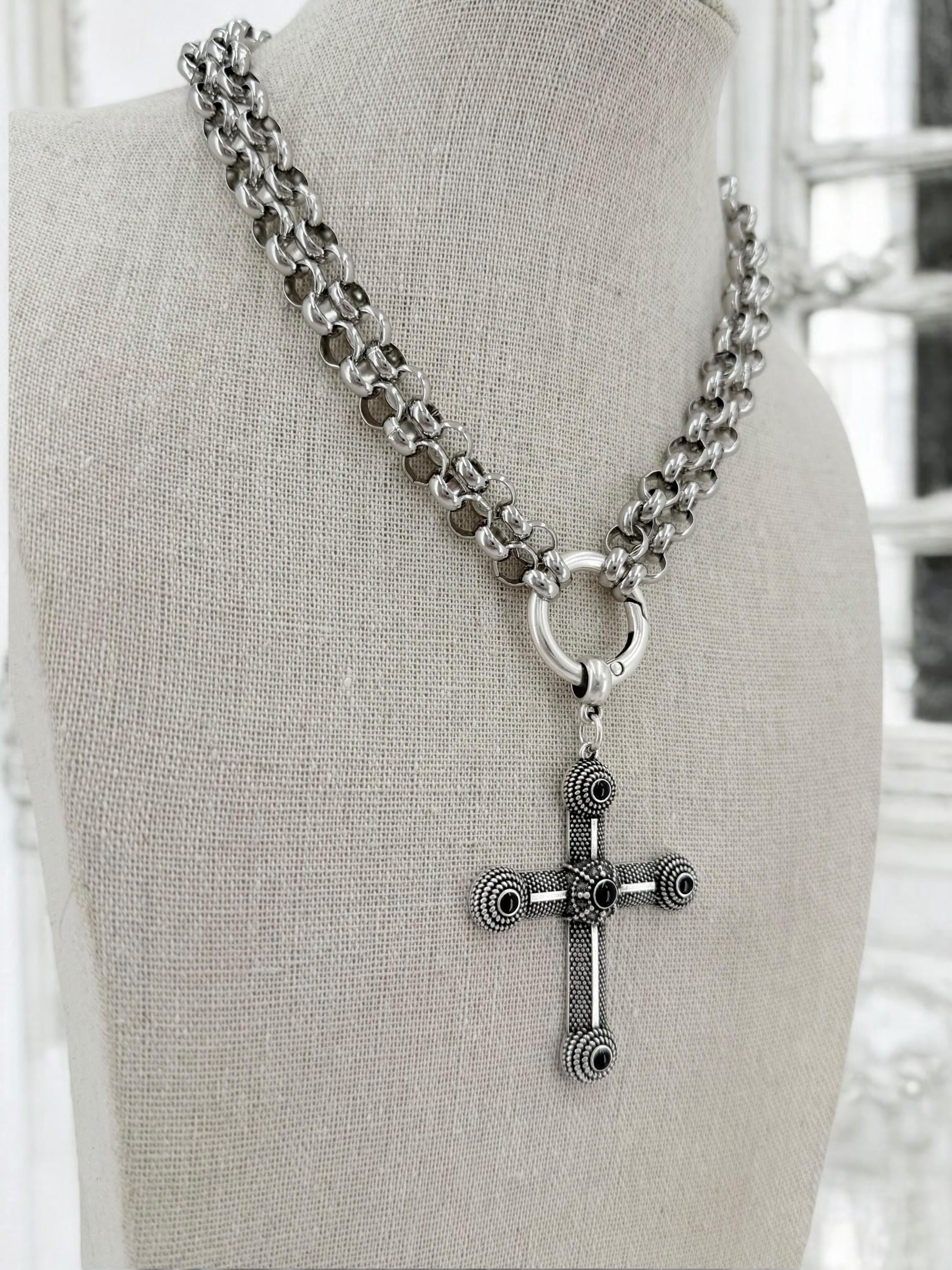Double Strand Cross Choker – Black Enamel Pendant, Antique Silver Stainless Steel Chain