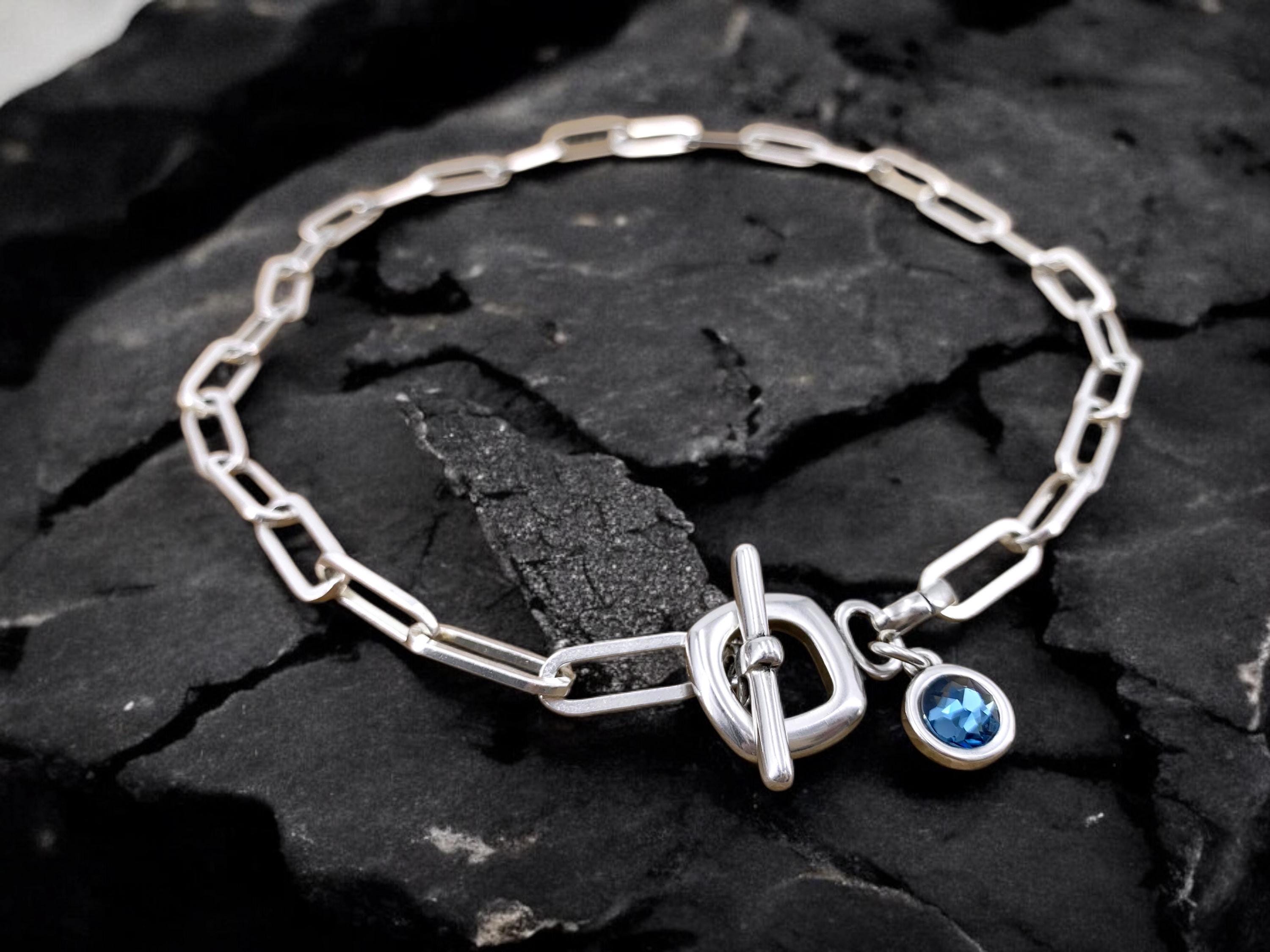 Handmade Silver Plated Chunky Chain Toggle Necklace, Swarovski Crystal Charm