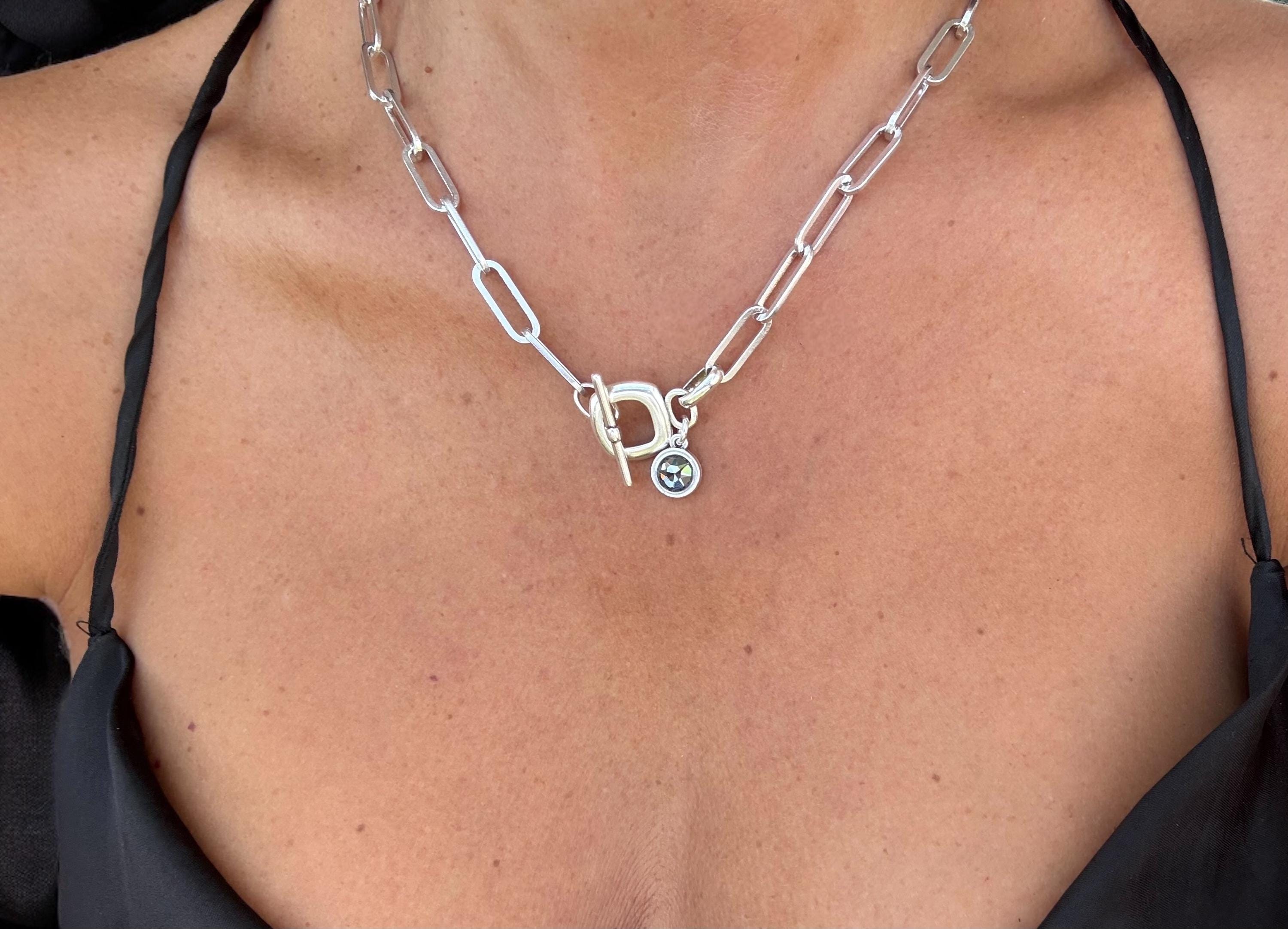 Handmade Silver Plated Chunky Chain Toggle Necklace, Swarovski Crystal Charm