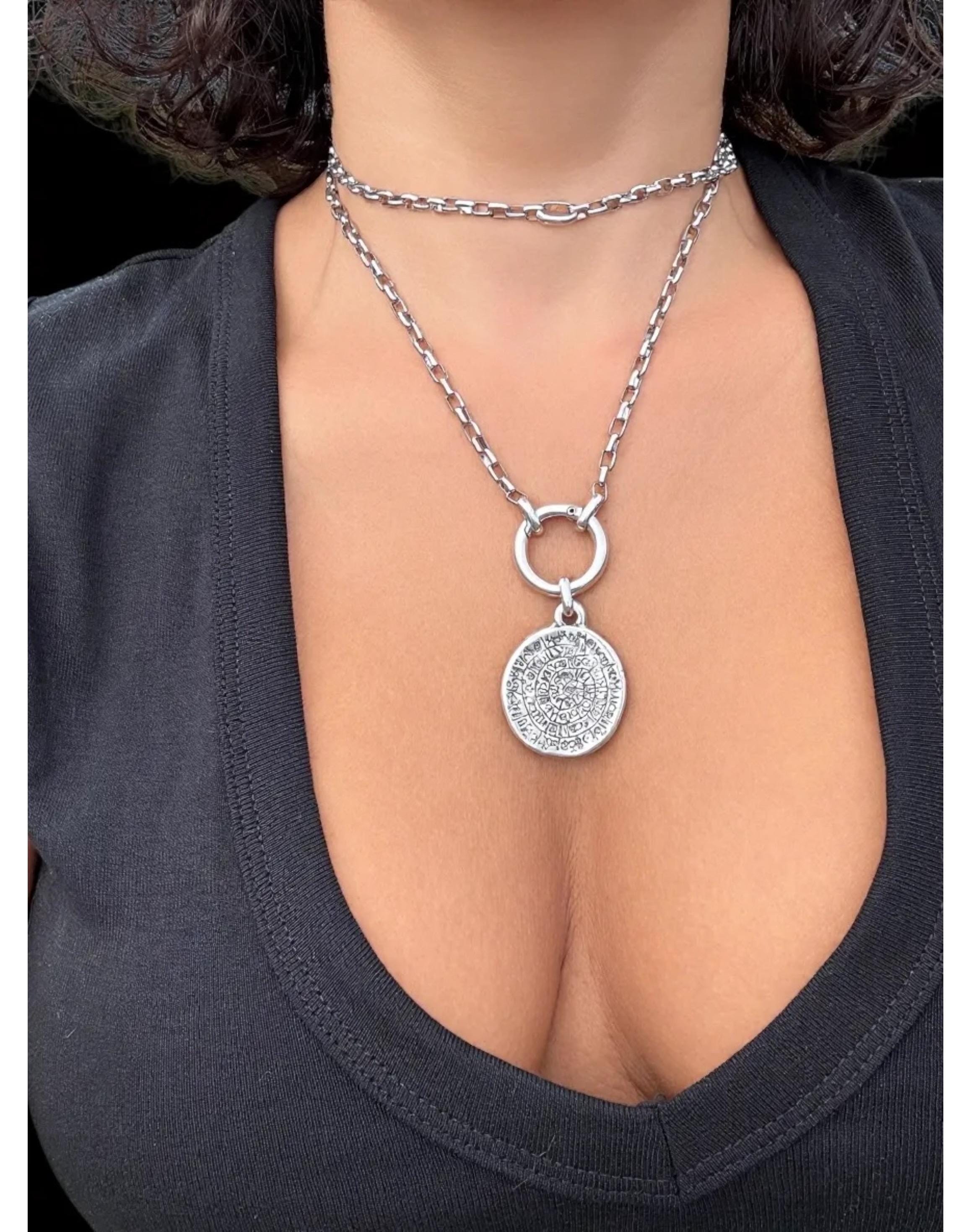 Artisian Multi-Position long chunky Silver Necklace, Symbolic Pendant, Layered Chain