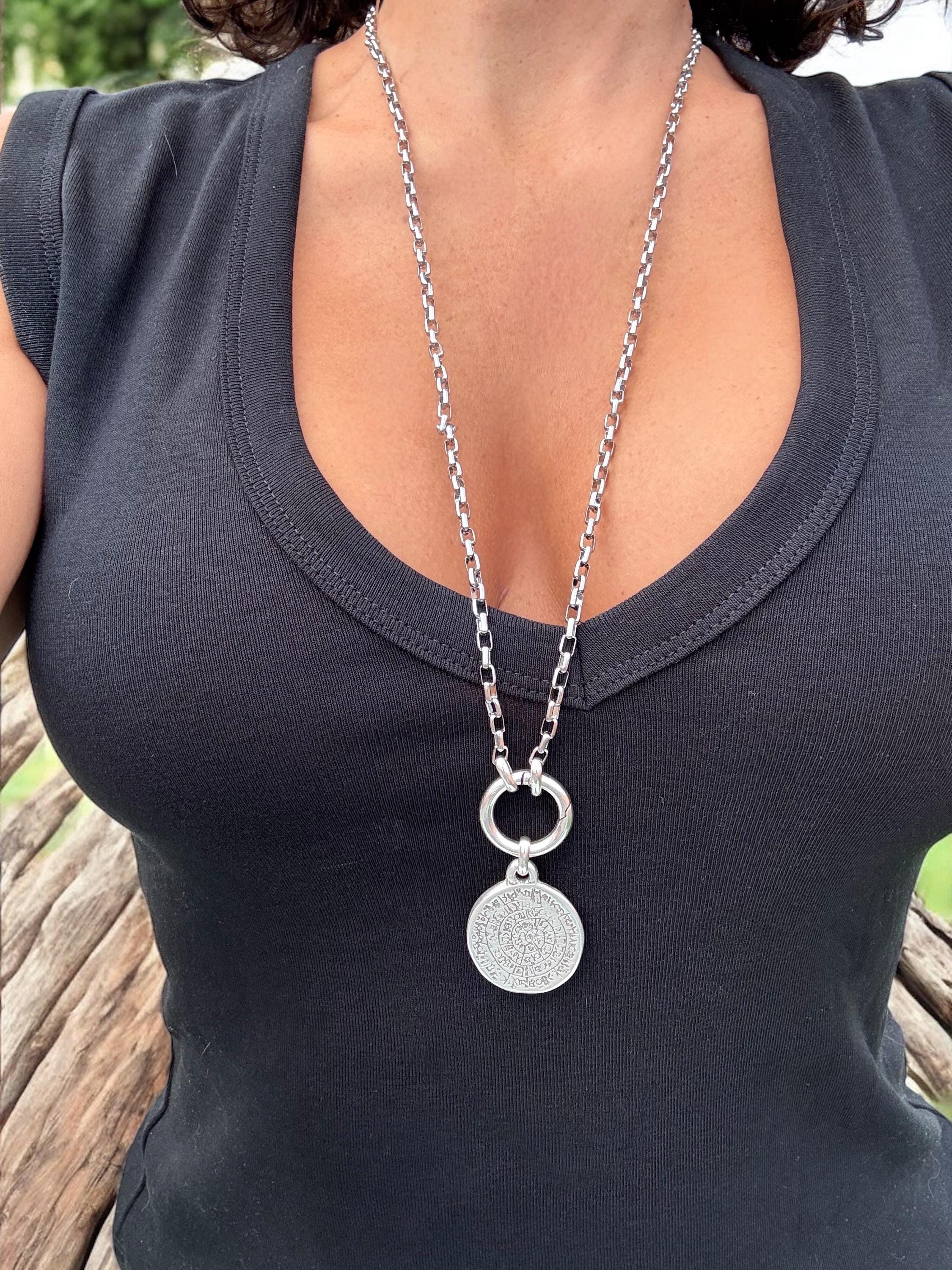 Artisian Multi-Position long chunky Silver Necklace, Symbolic Pendant, Layered Chain