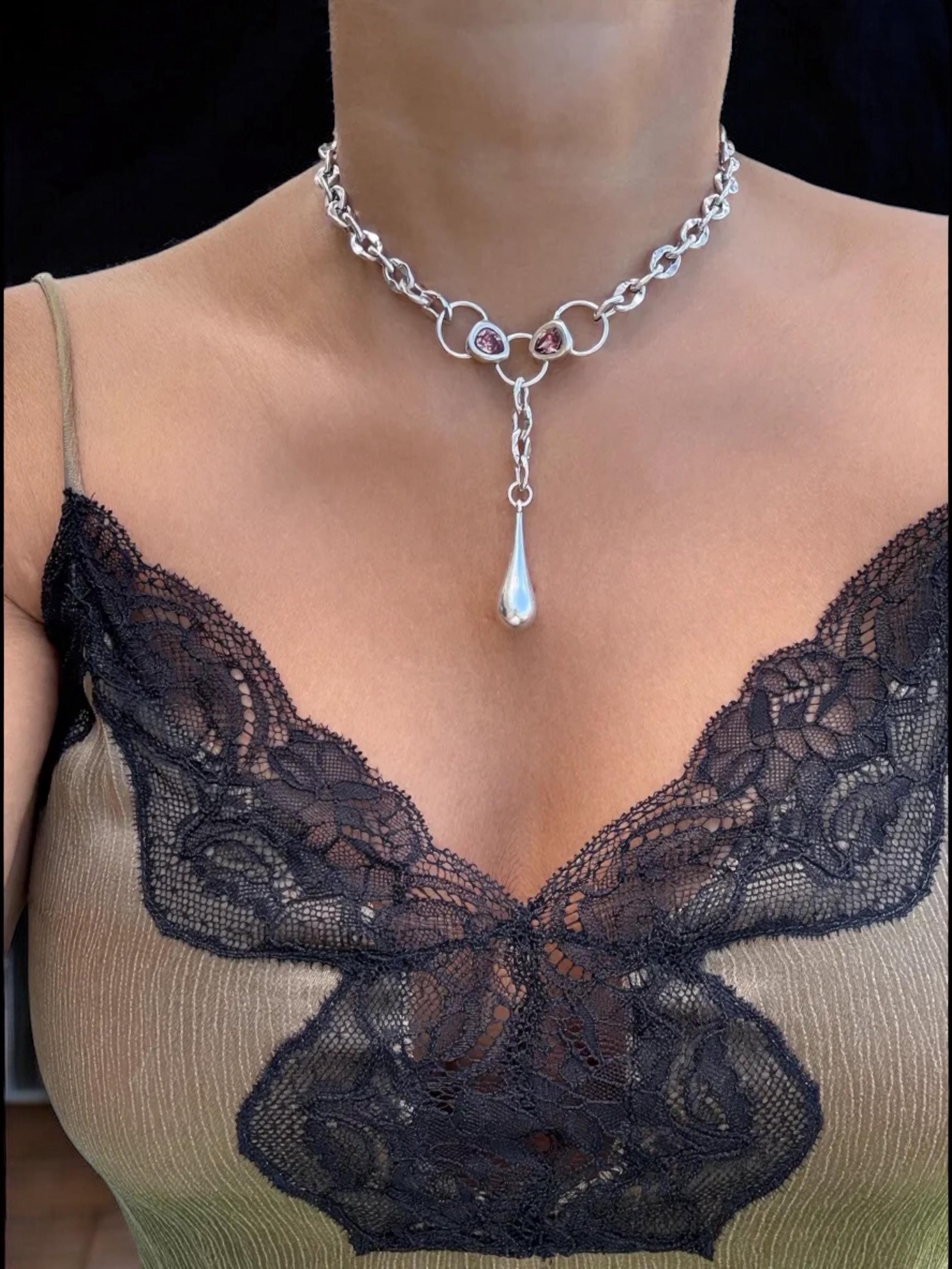 Silver Drop Pendant Necklace – Pink Swarovski Crystals – Sculptural Chain – Handmade Kukuri Jewelry