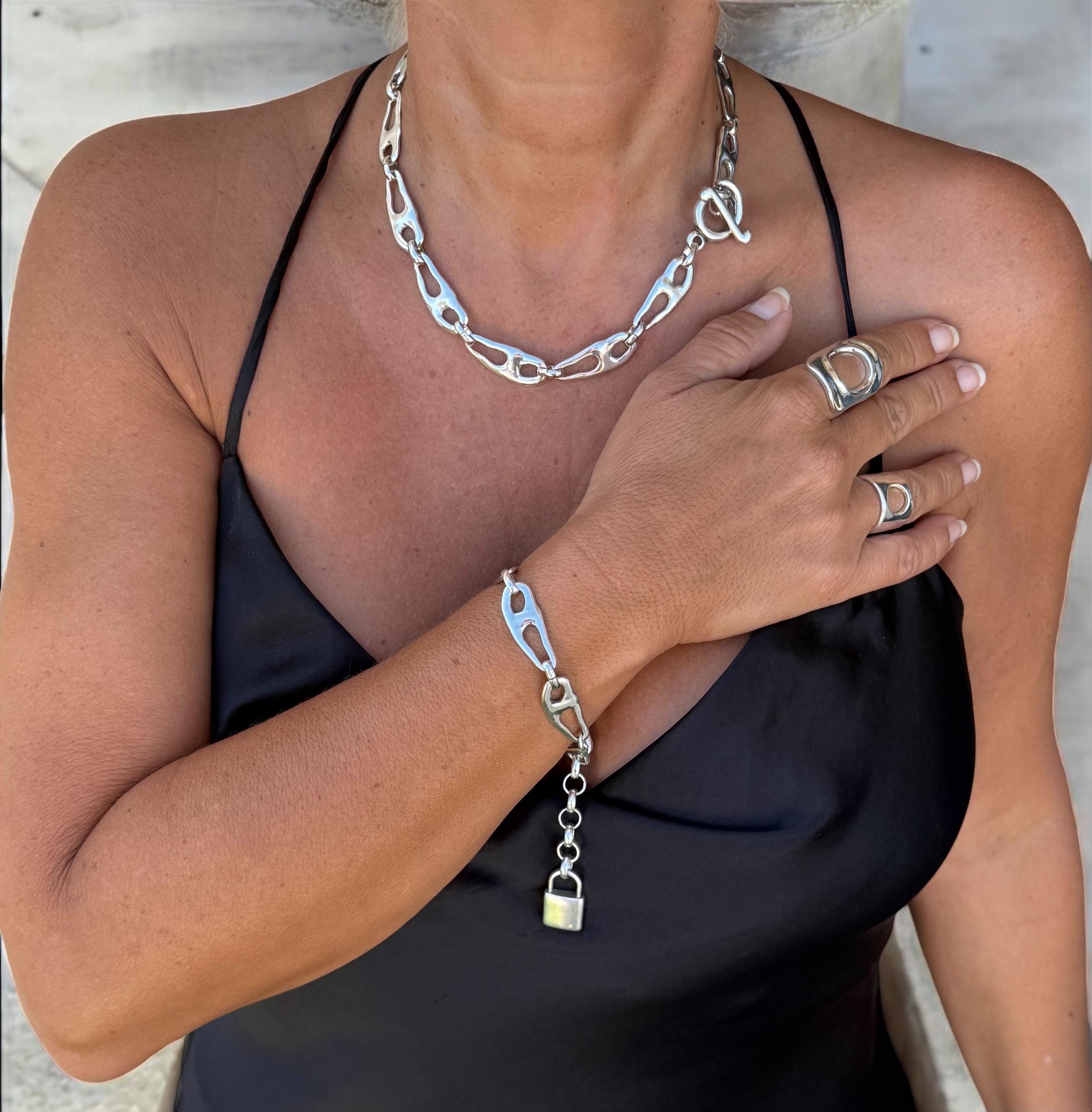 Chunky Sculptural Silver Chain Necklace – Organic Links, Toggle Clasp – Urban Statement Jewelry