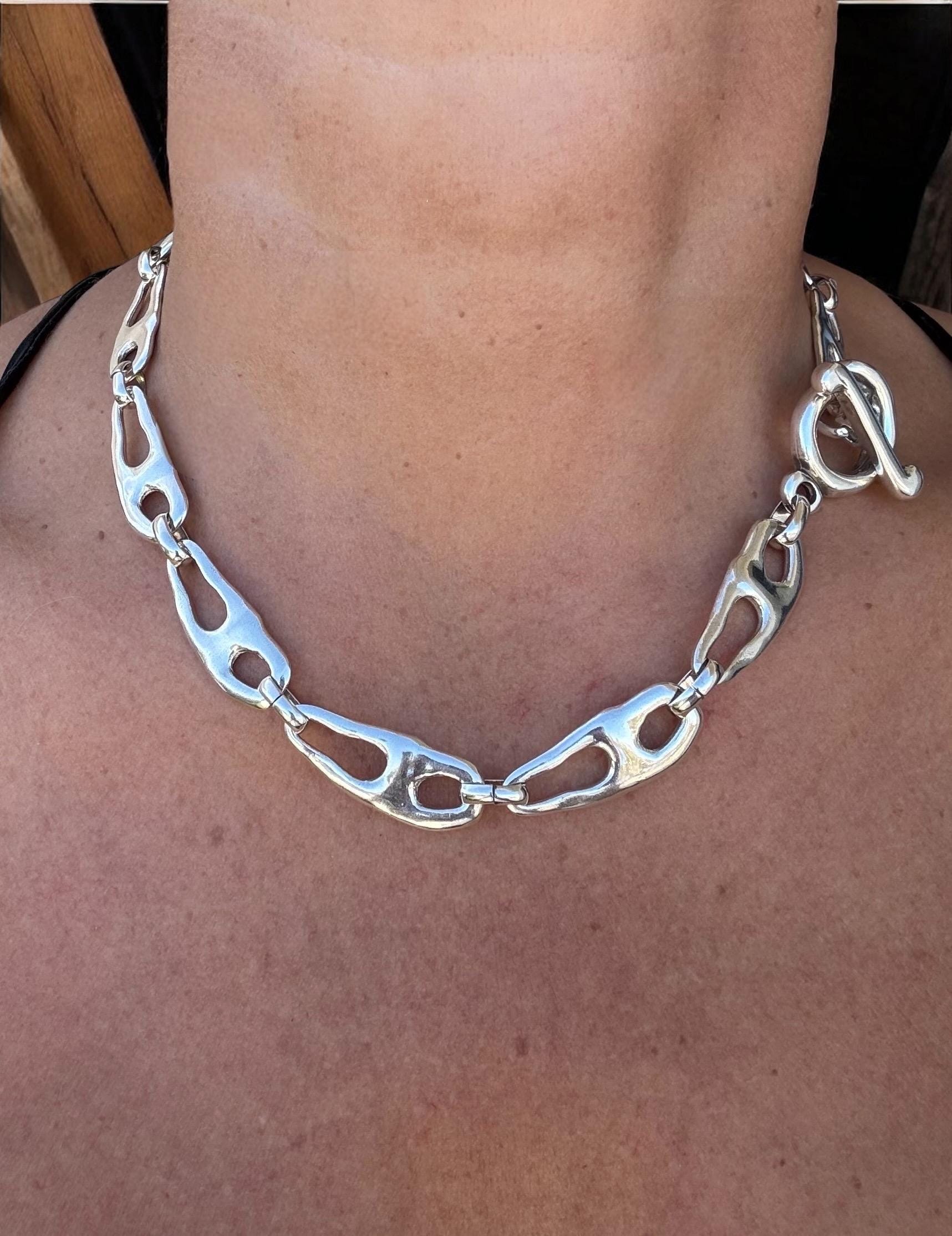 Chunky Sculptural Silver Chain Necklace – Organic Links, Toggle Clasp – Urban Statement Jewelry