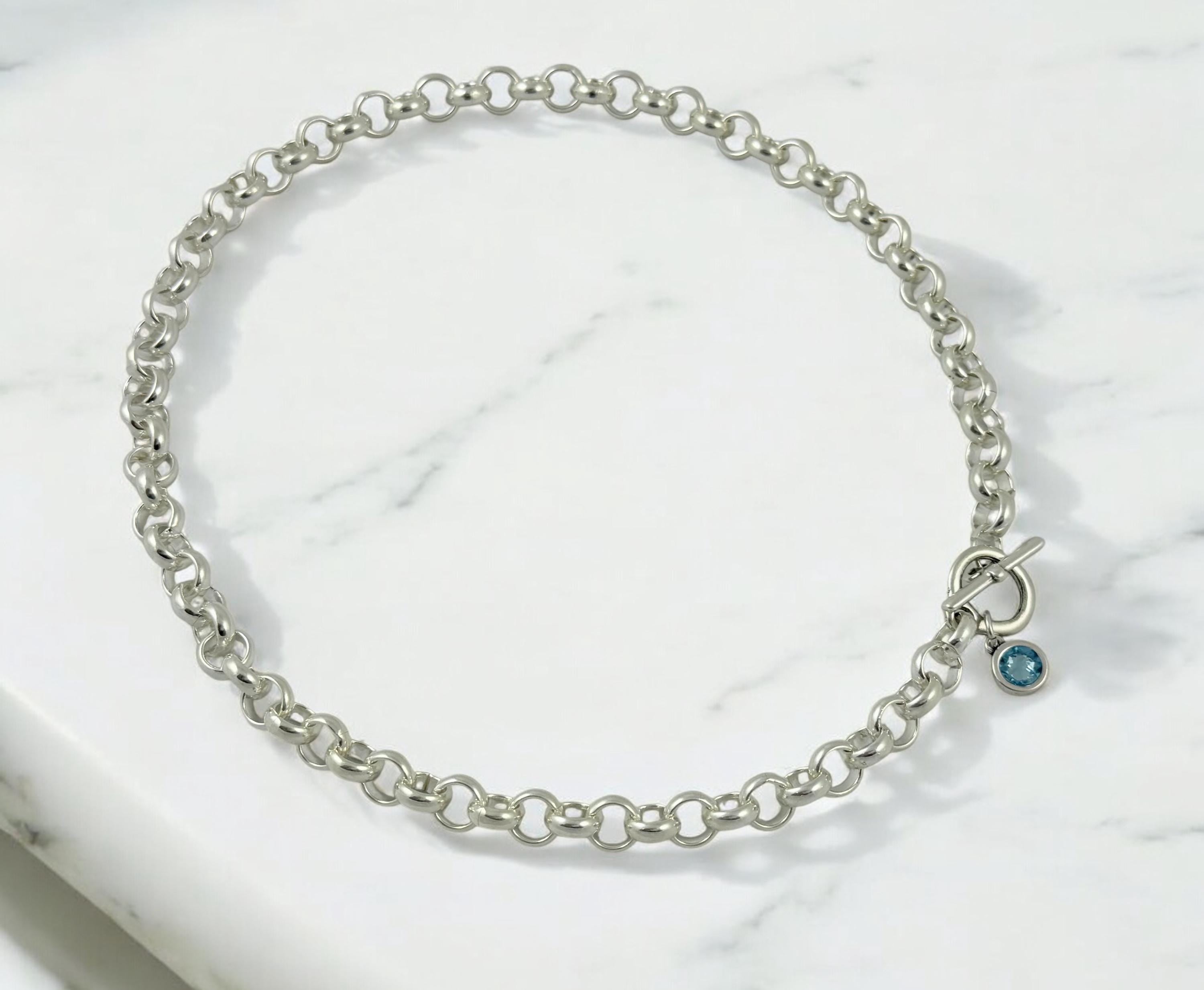 Chunky silver-plated rolo chain with toggle clasp and Swarovski crystal charm- custom jewelry