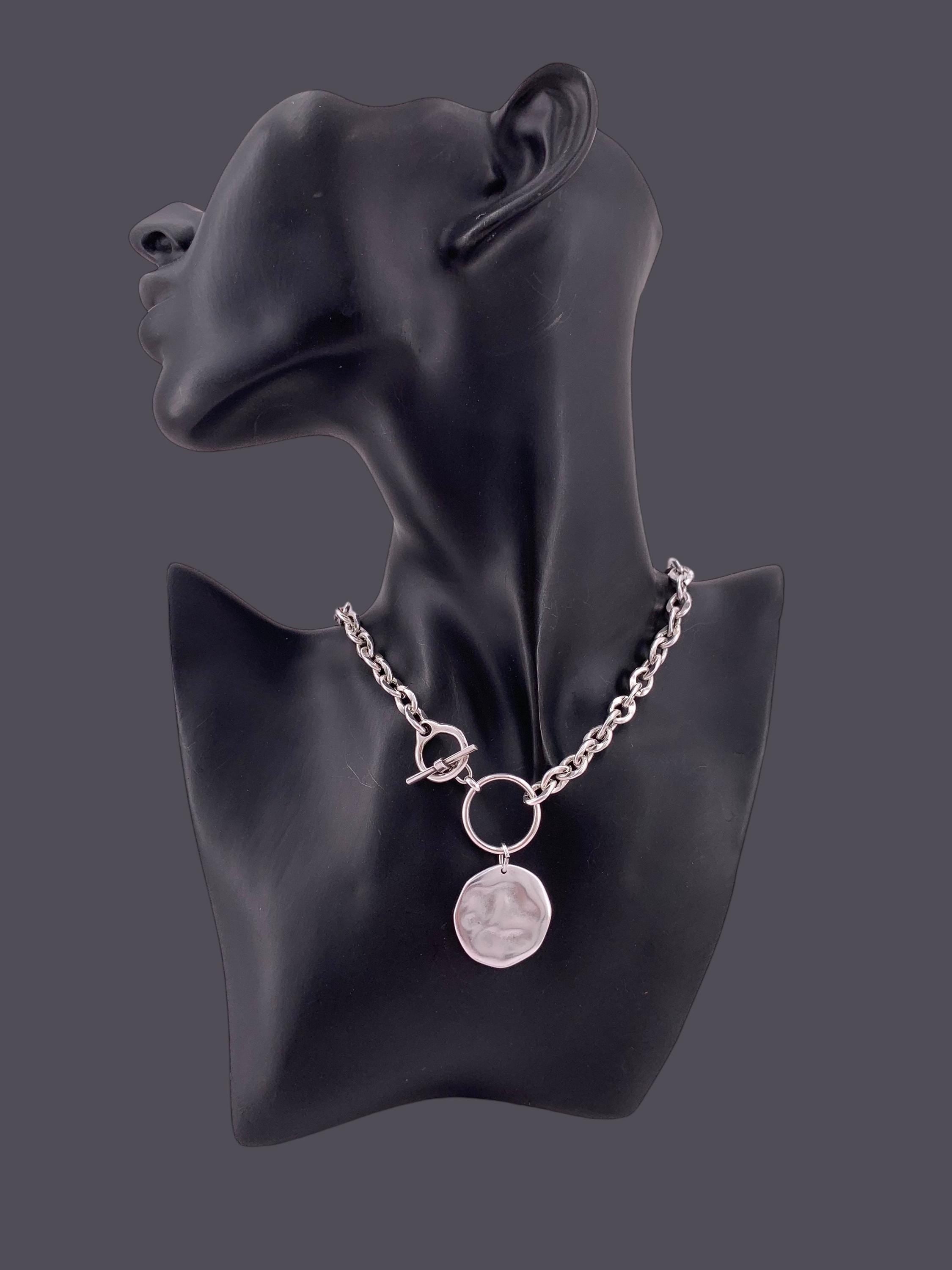 Chunky Silver Chain Necklace – Toggle Clasp & Disc Pendant – Statement Jewelry – Kukuri Jewelry