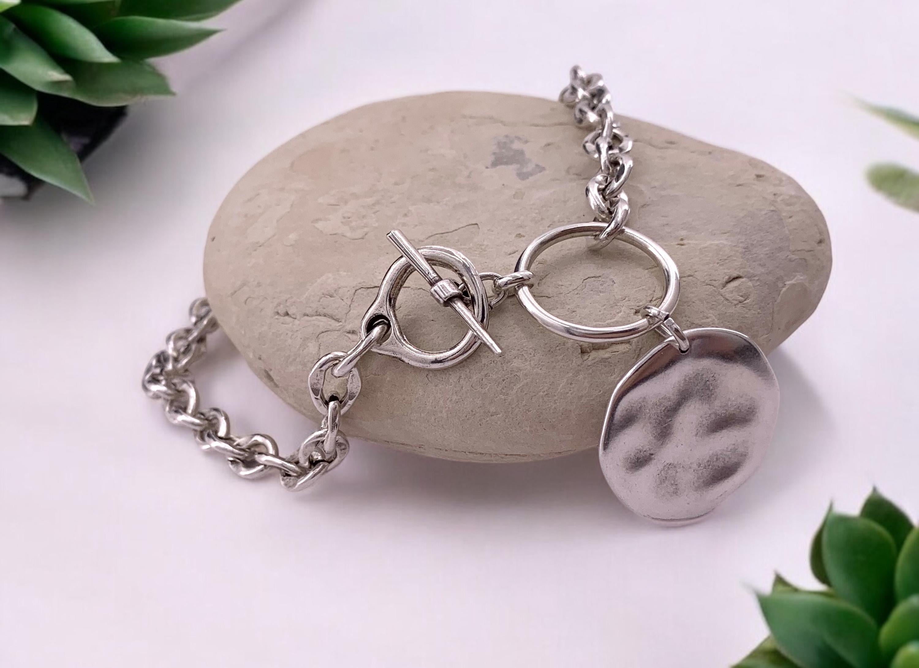 Chunky Silver Chain Necklace – Toggle Clasp & Disc Pendant – Statement Jewelry – Kukuri Jewelry