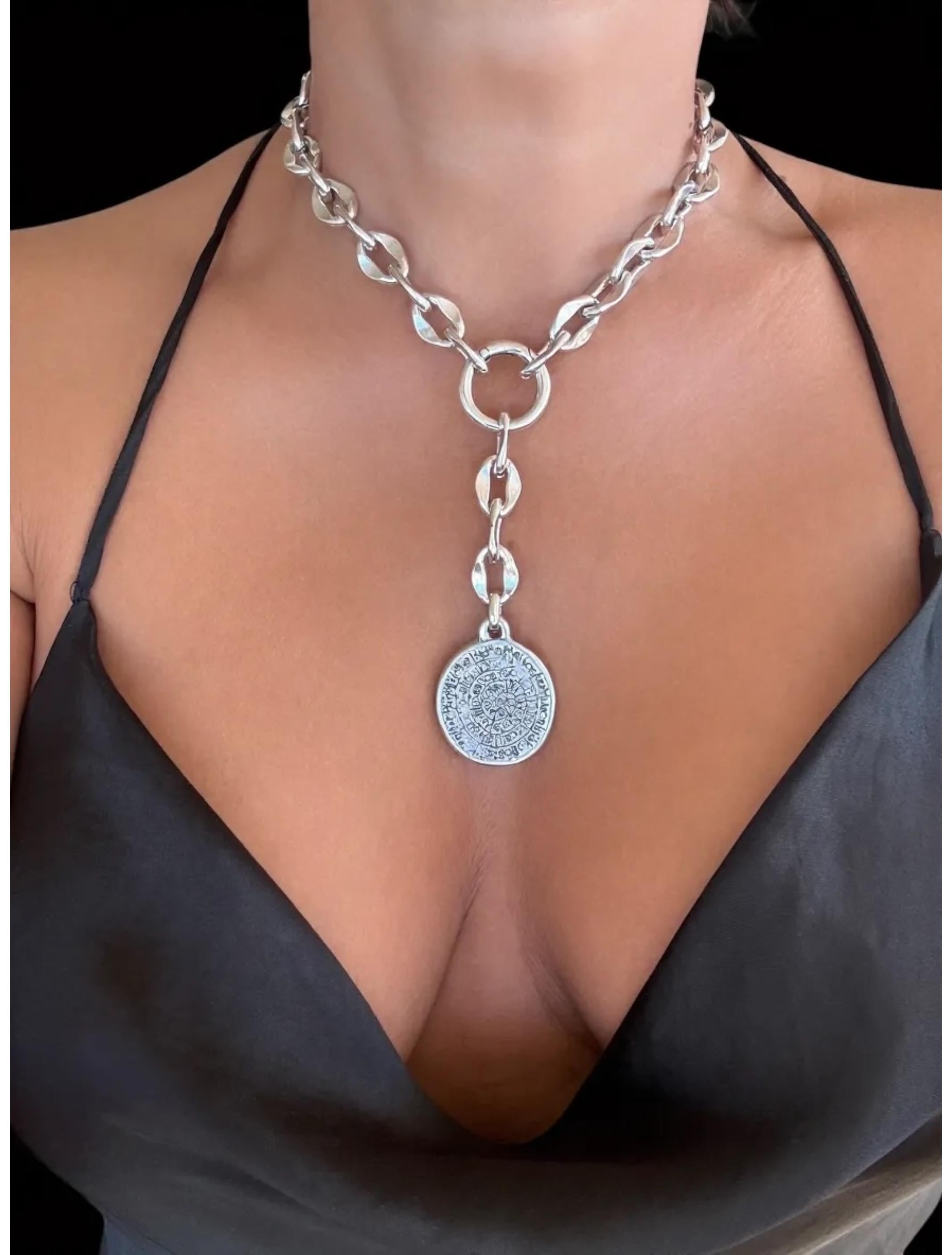 Silver chunky chain Lariat necklace with antique symbol coin pendant, Statement handmade jewelry