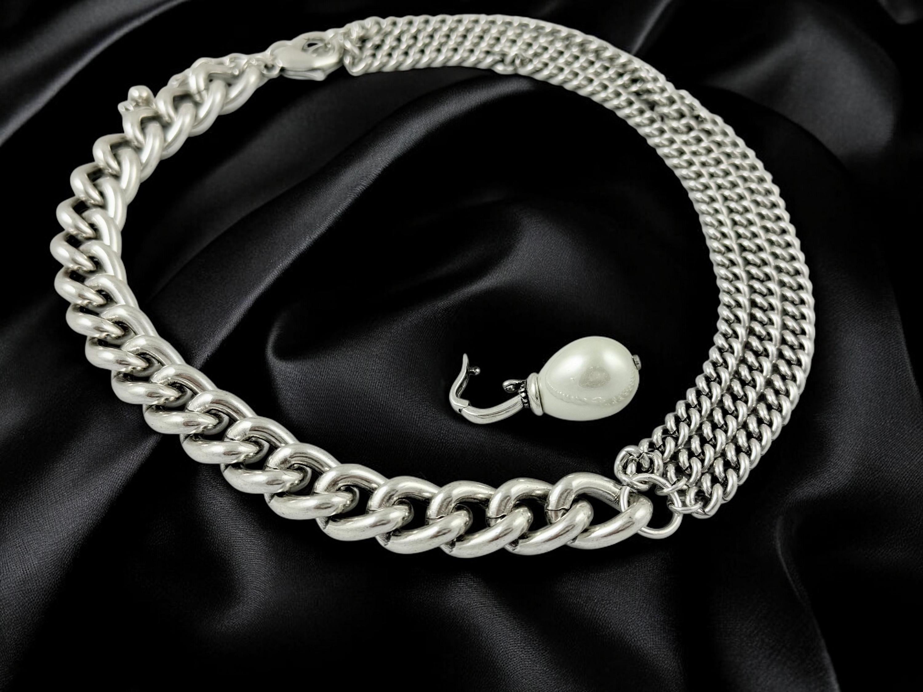 Artisian Asymmetric Silver Chunky Necklace with Removable Baroque Pearl