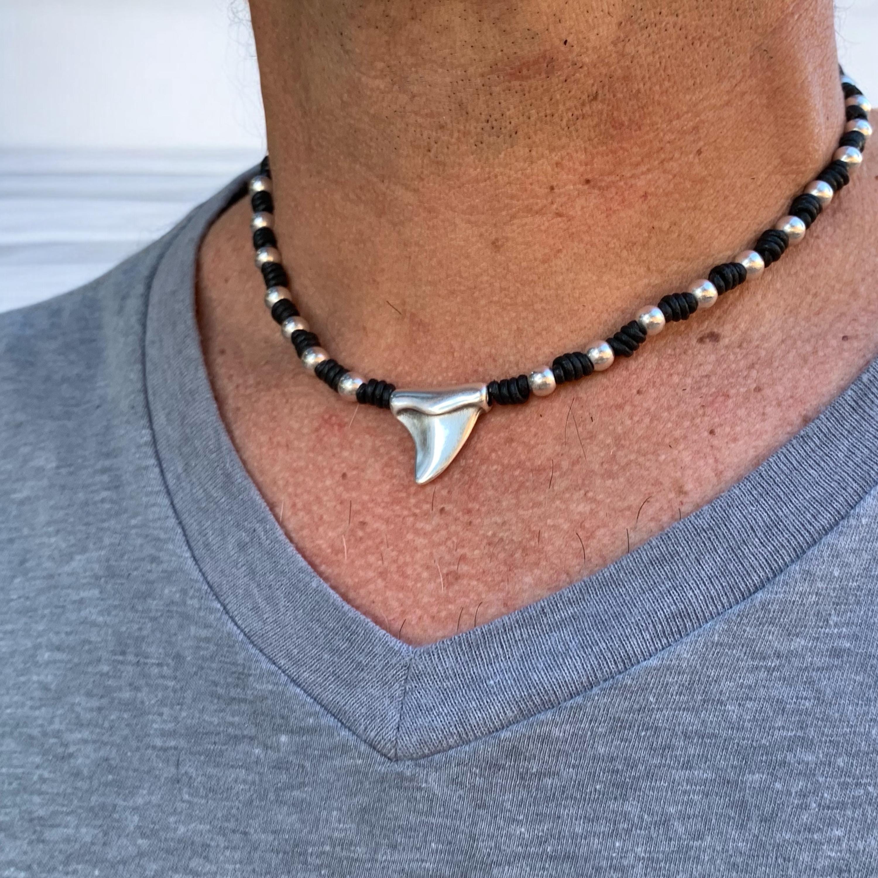 Unisex Handmade leather and silver plated beaded necklace with Shark Tooth pendant, custom jewelry