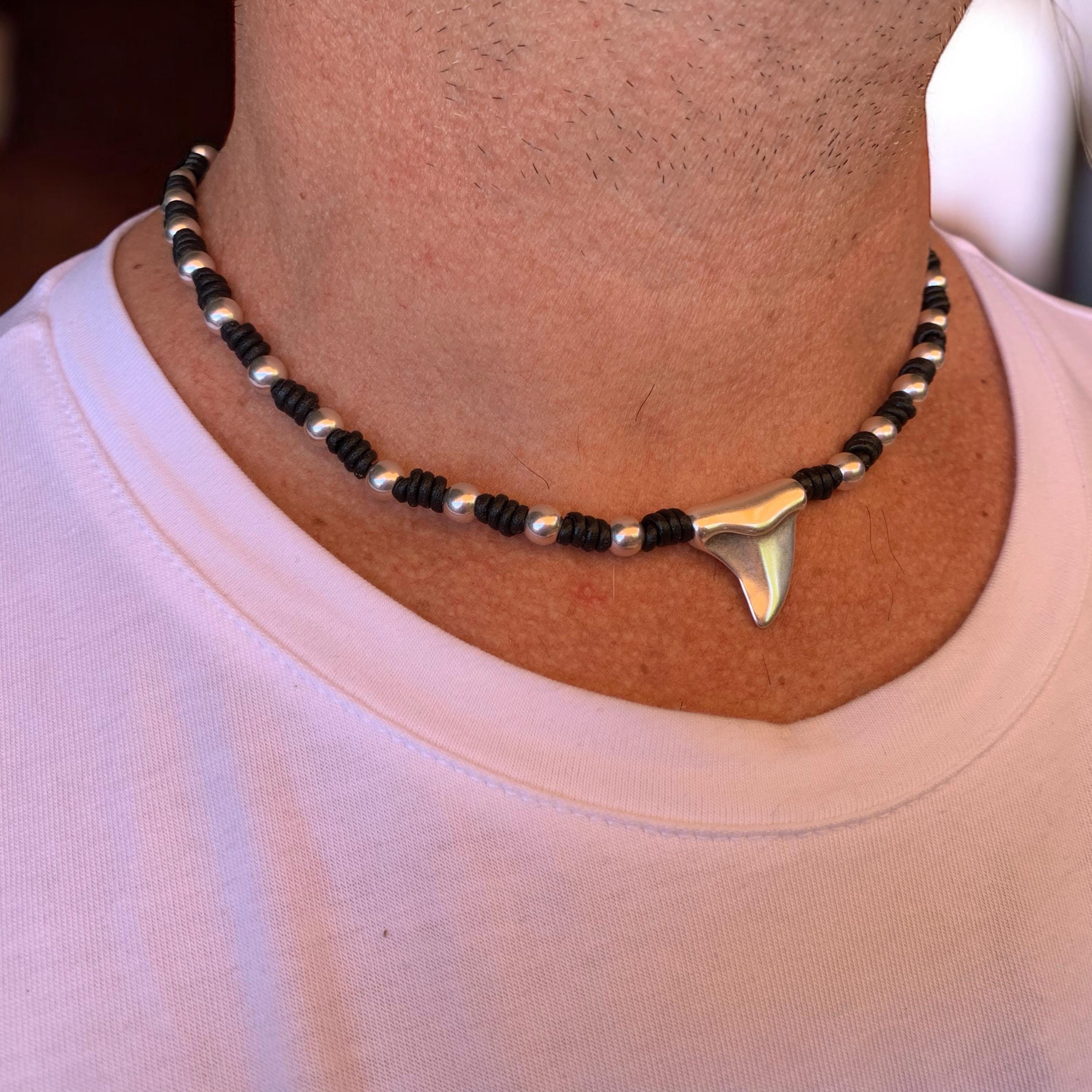 Unisex Handmade leather and silver plated beaded necklace with Shark Tooth pendant, custom jewelry