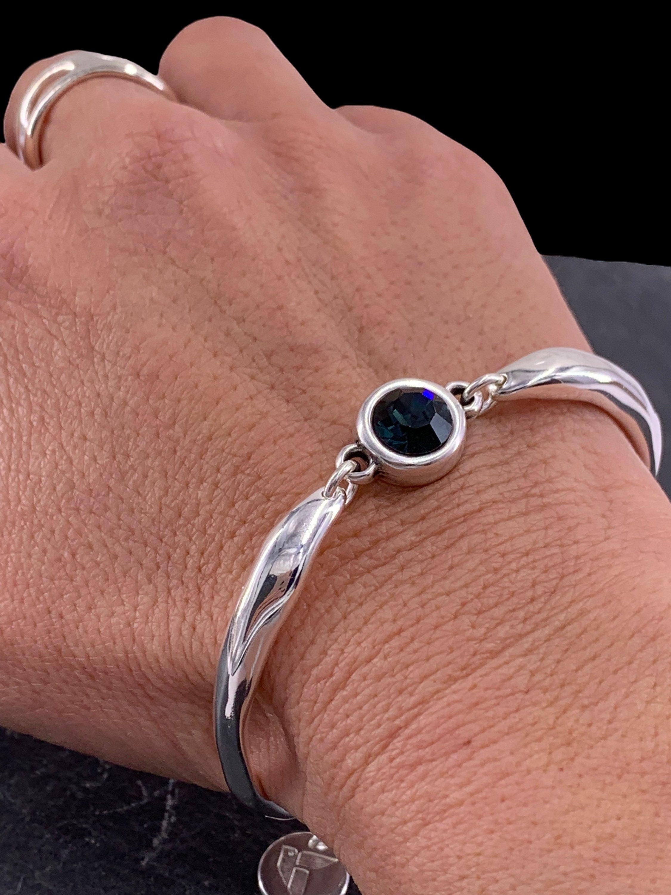 Chunky silver plated cuff bracelet with Swarovski crystal central piece, handmade adjustable jewelry