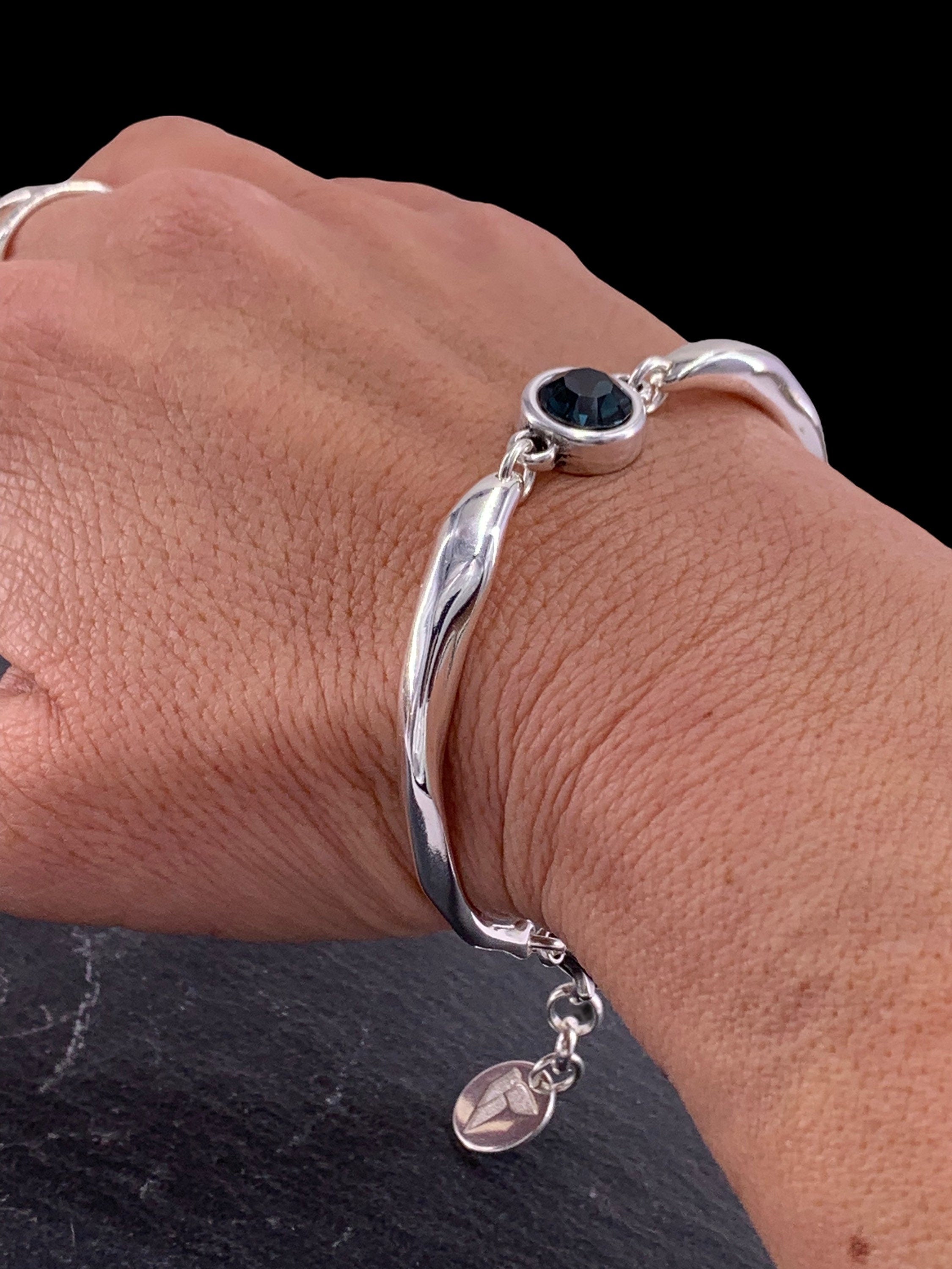 Chunky silver plated cuff bracelet with Swarovski crystal central piece, handmade adjustable jewelry