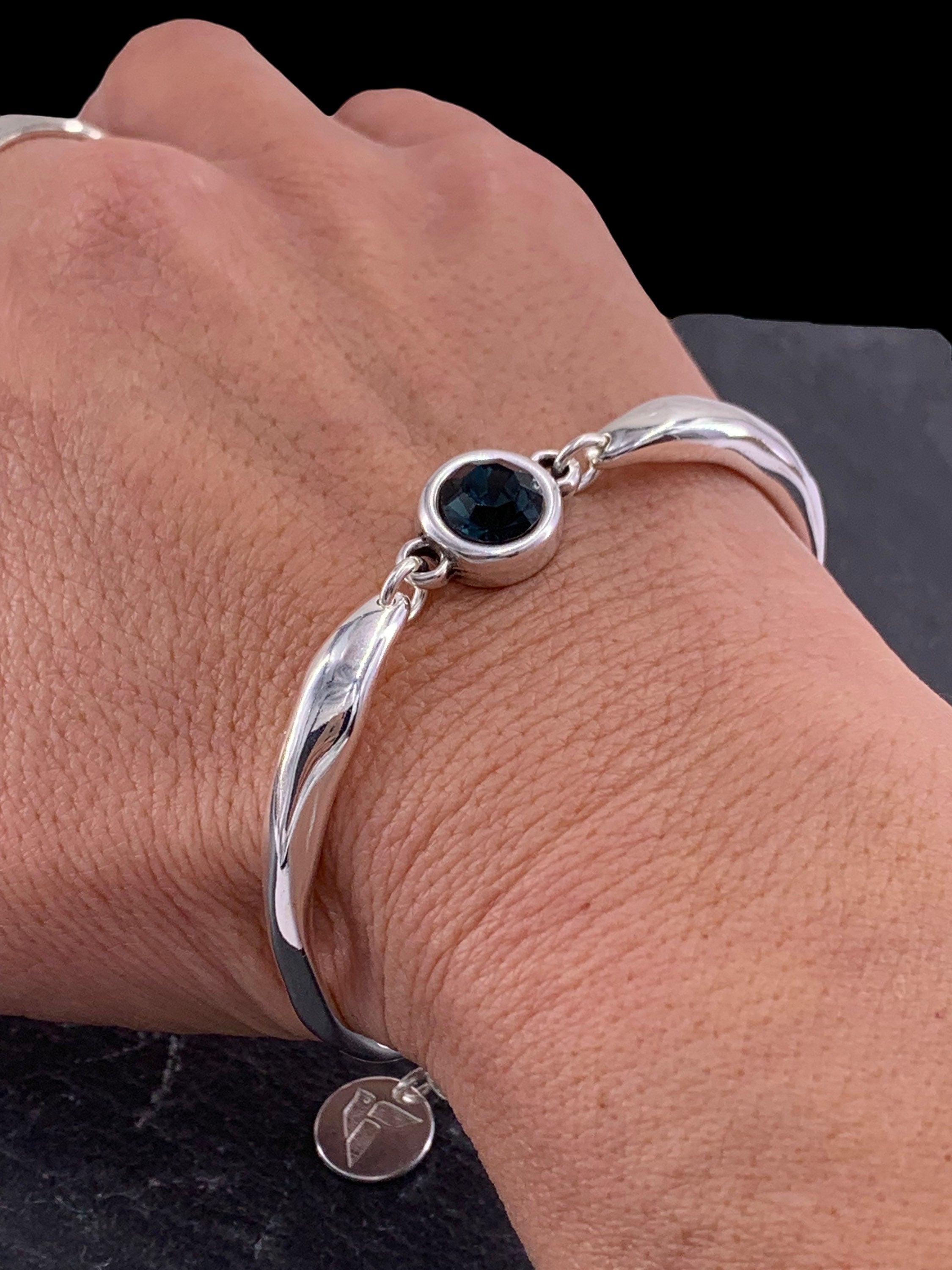 Chunky silver plated cuff bracelet with Swarovski crystal central piece, handmade adjustable jewelry