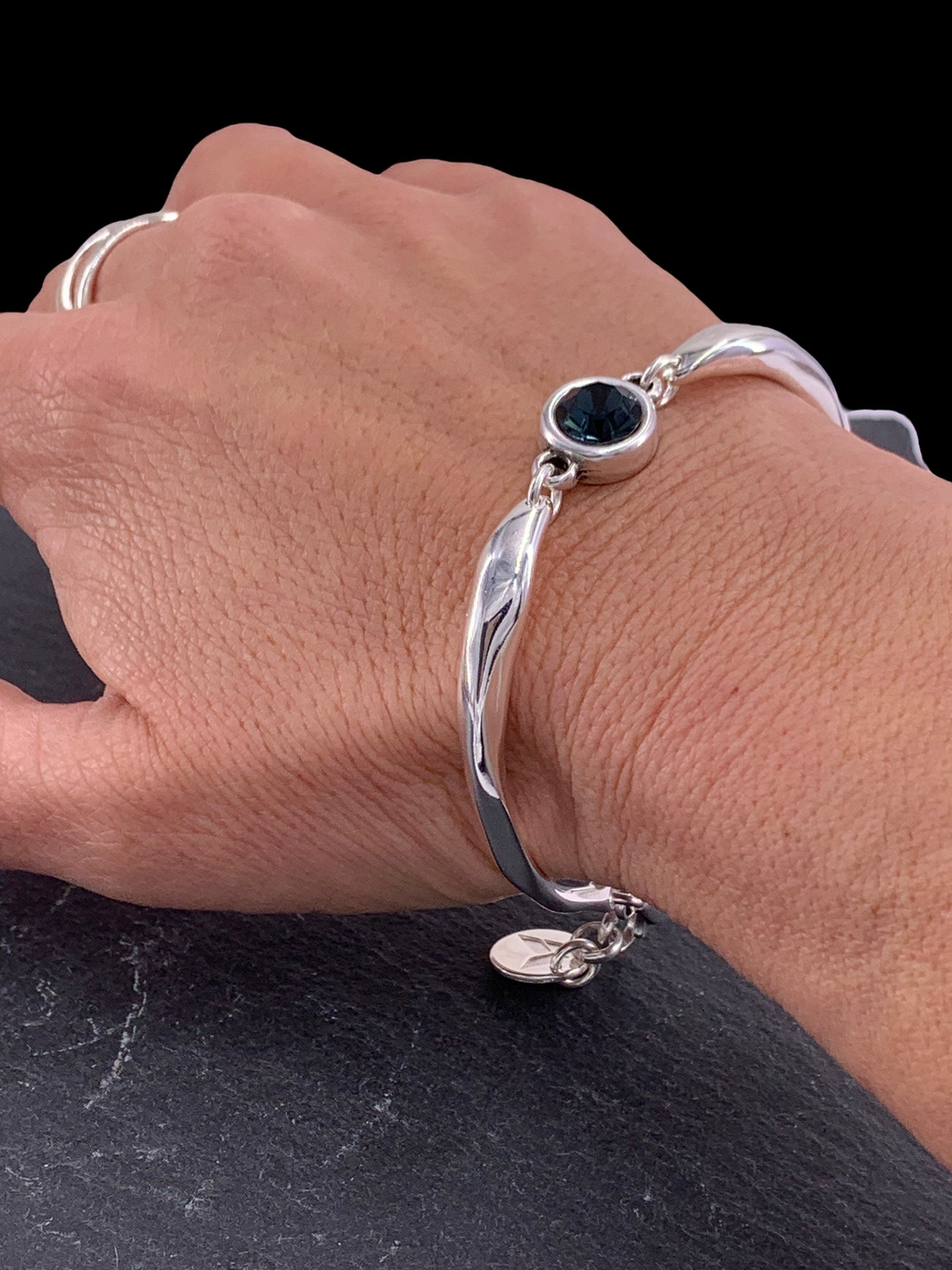 Chunky silver plated cuff bracelet with Swarovski crystal central piece, handmade adjustable jewelry