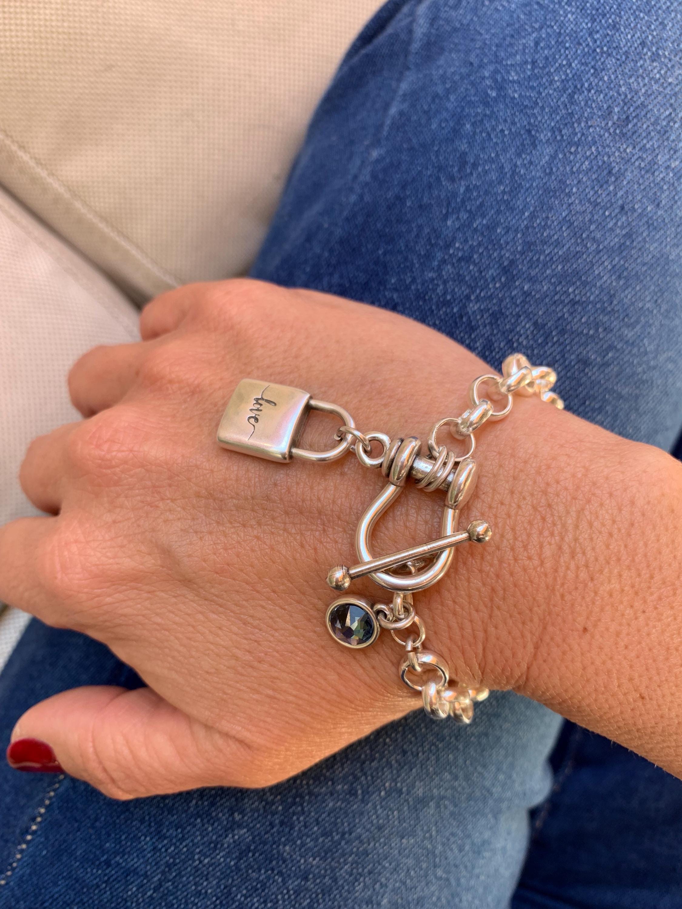 Artisian Chunky Silver plated Bracelet with toggle clasp, padlock charm  and Swarovski Crystal Accent