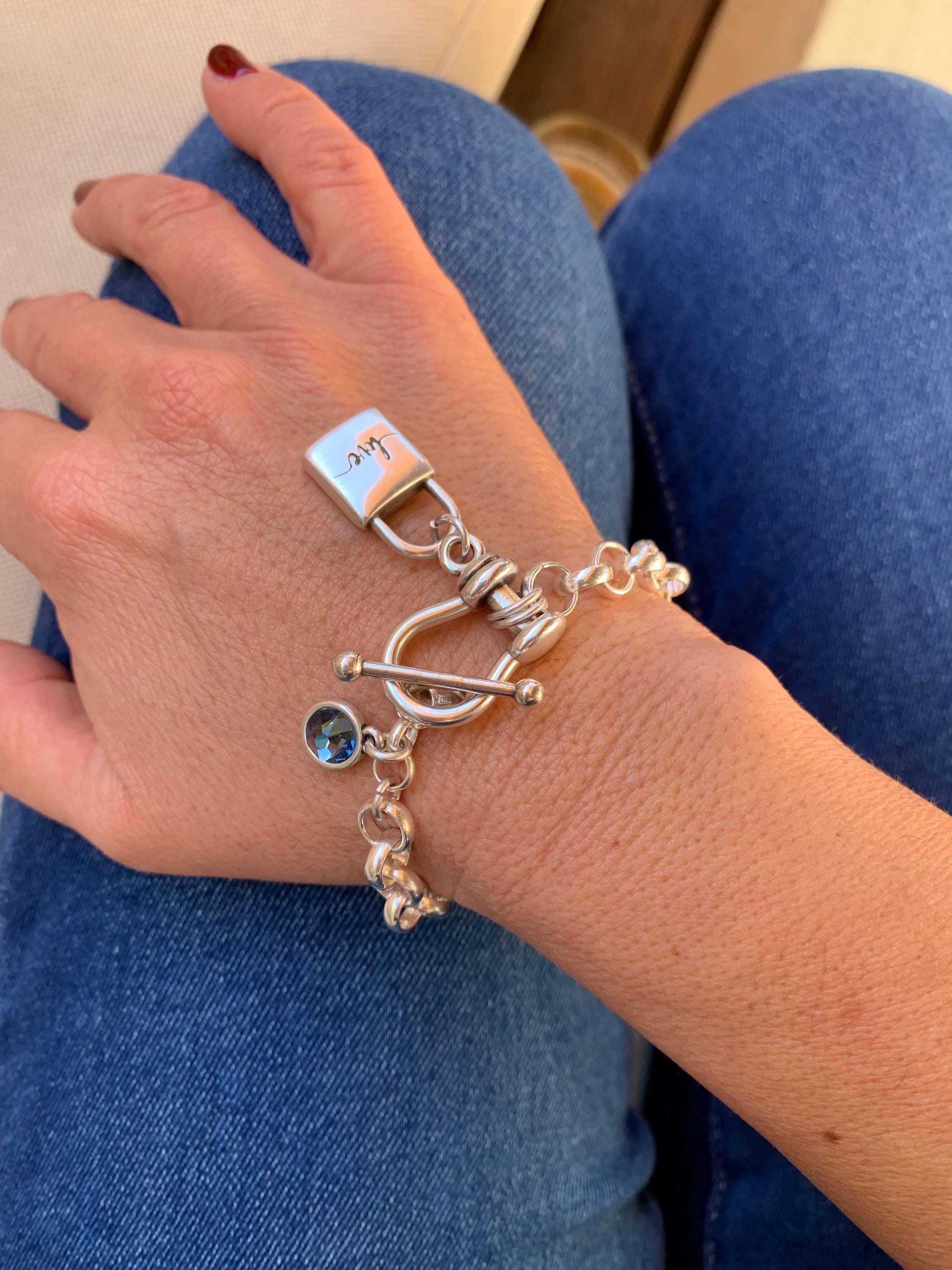 Artisian Chunky Silver plated Bracelet with toggle clasp, padlock charm  and Swarovski Crystal Accent