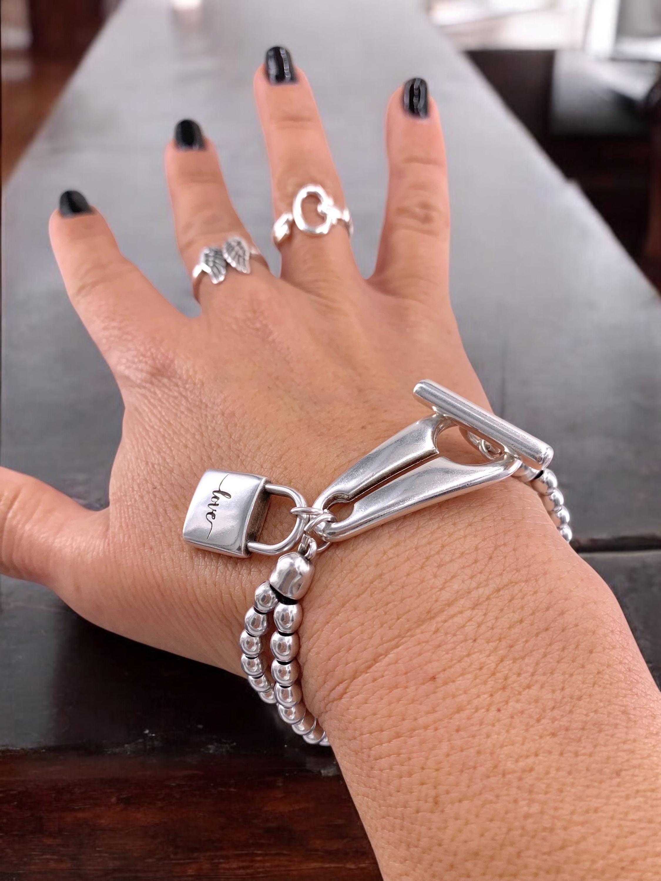 Handmade Silver plated Beaded chunky Bracelet, Toggle Clasp, "Love" engraved Padlock Charm