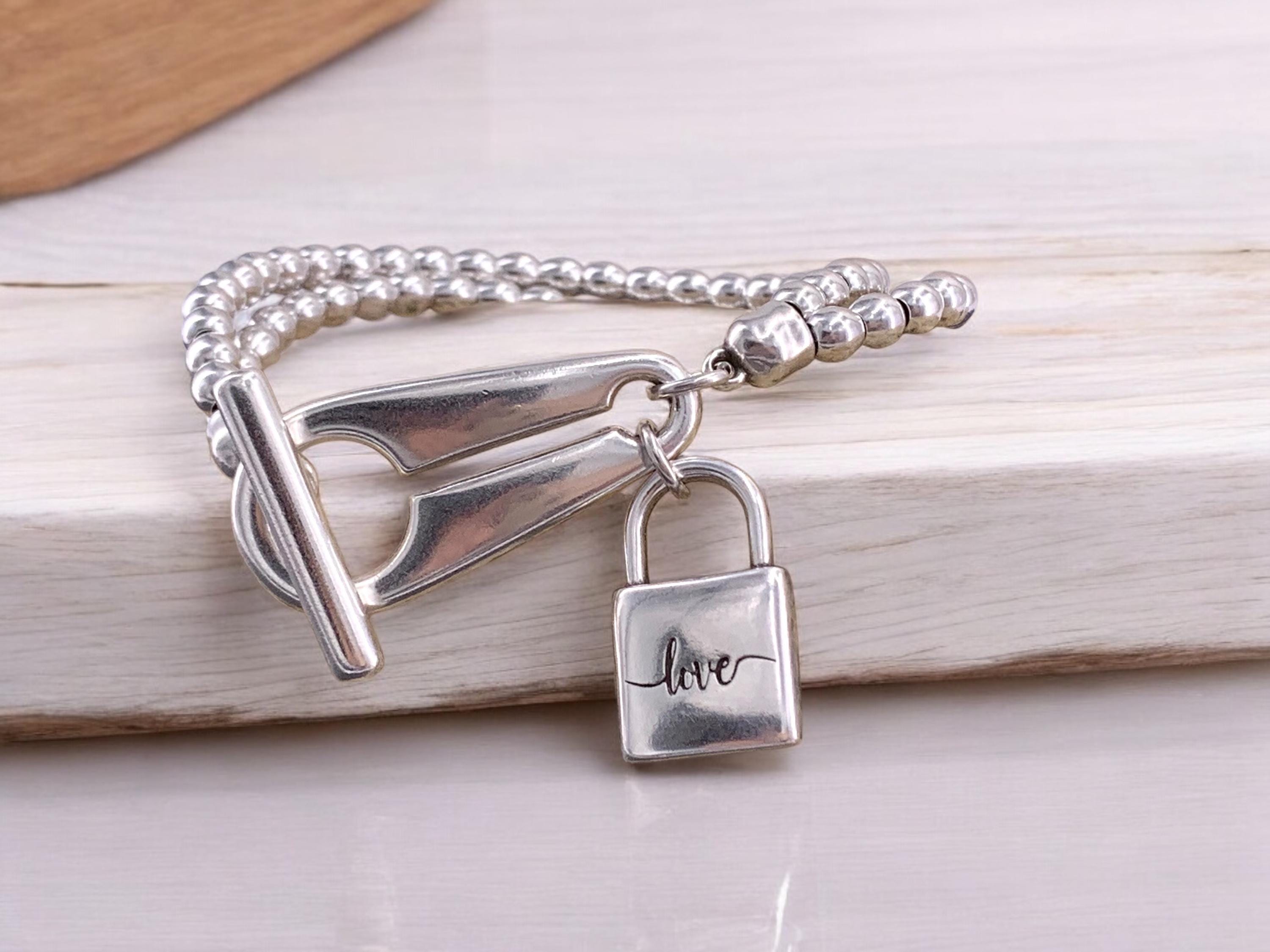 Handmade Silver plated Beaded chunky Bracelet, Toggle Clasp, "Love" engraved Padlock Charm