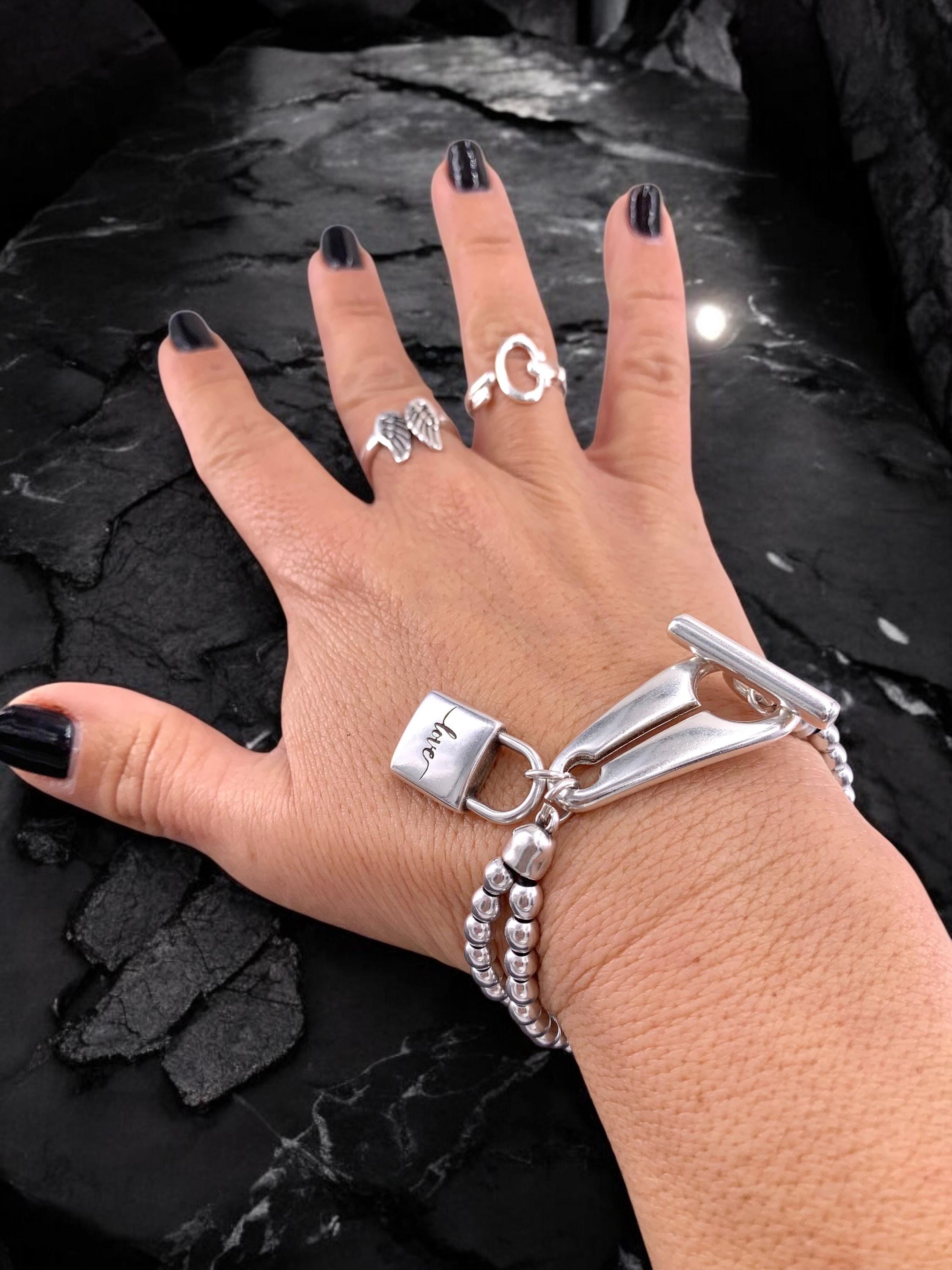 Handmade Silver plated Beaded chunky Bracelet, Toggle Clasp, "Love" engraved Padlock Charm