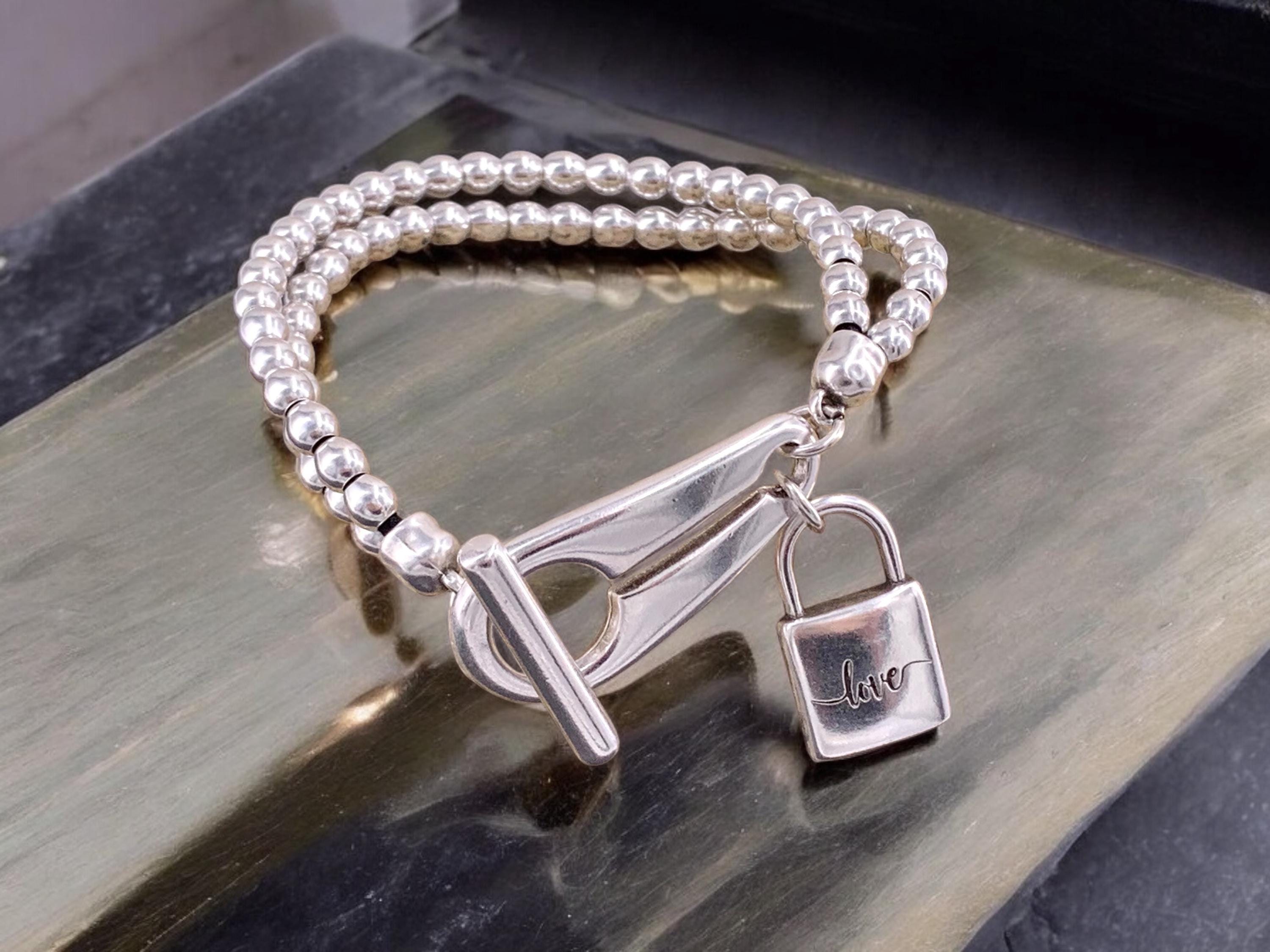 Handmade Silver plated Beaded chunky Bracelet, Toggle Clasp, "Love" engraved Padlock Charm