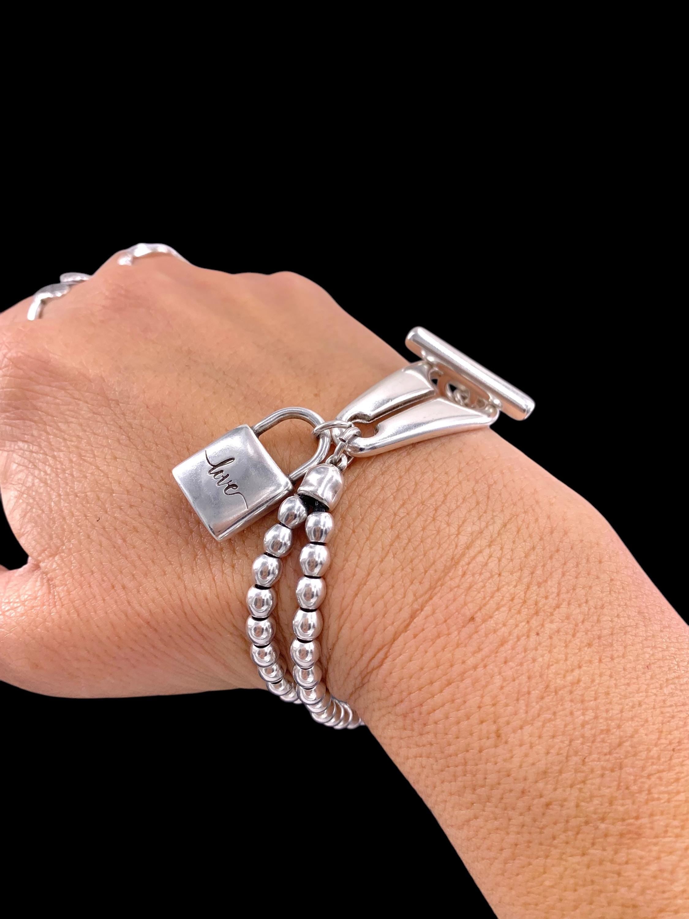 Handmade Silver plated Beaded chunky Bracelet, Toggle Clasp, "Love" engraved Padlock Charm
