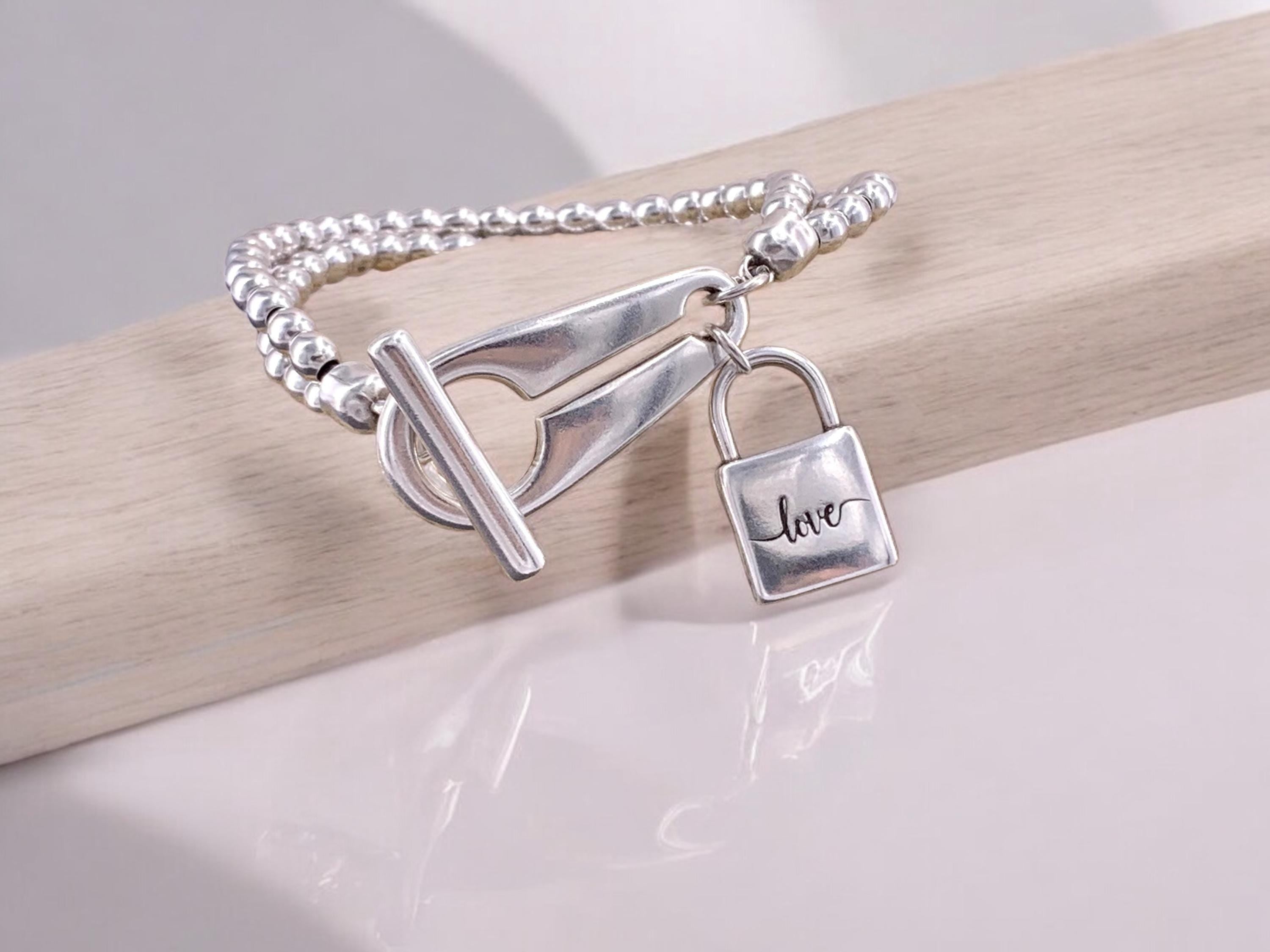 Handmade Silver plated Beaded chunky Bracelet, Toggle Clasp, "Love" engraved Padlock Charm