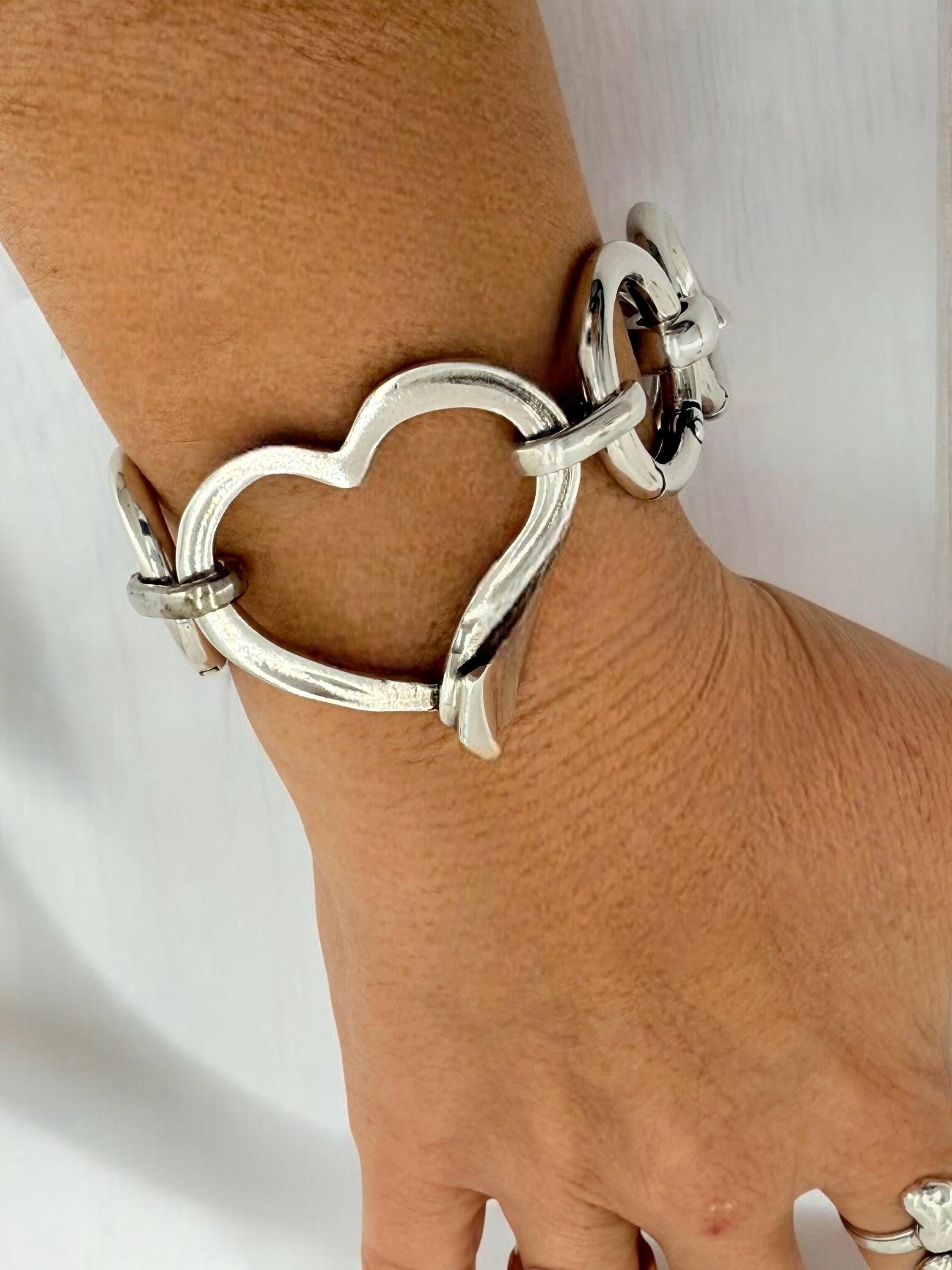 Artisian Circular big links Chunky Silver plated bracelet with statement heart central motive