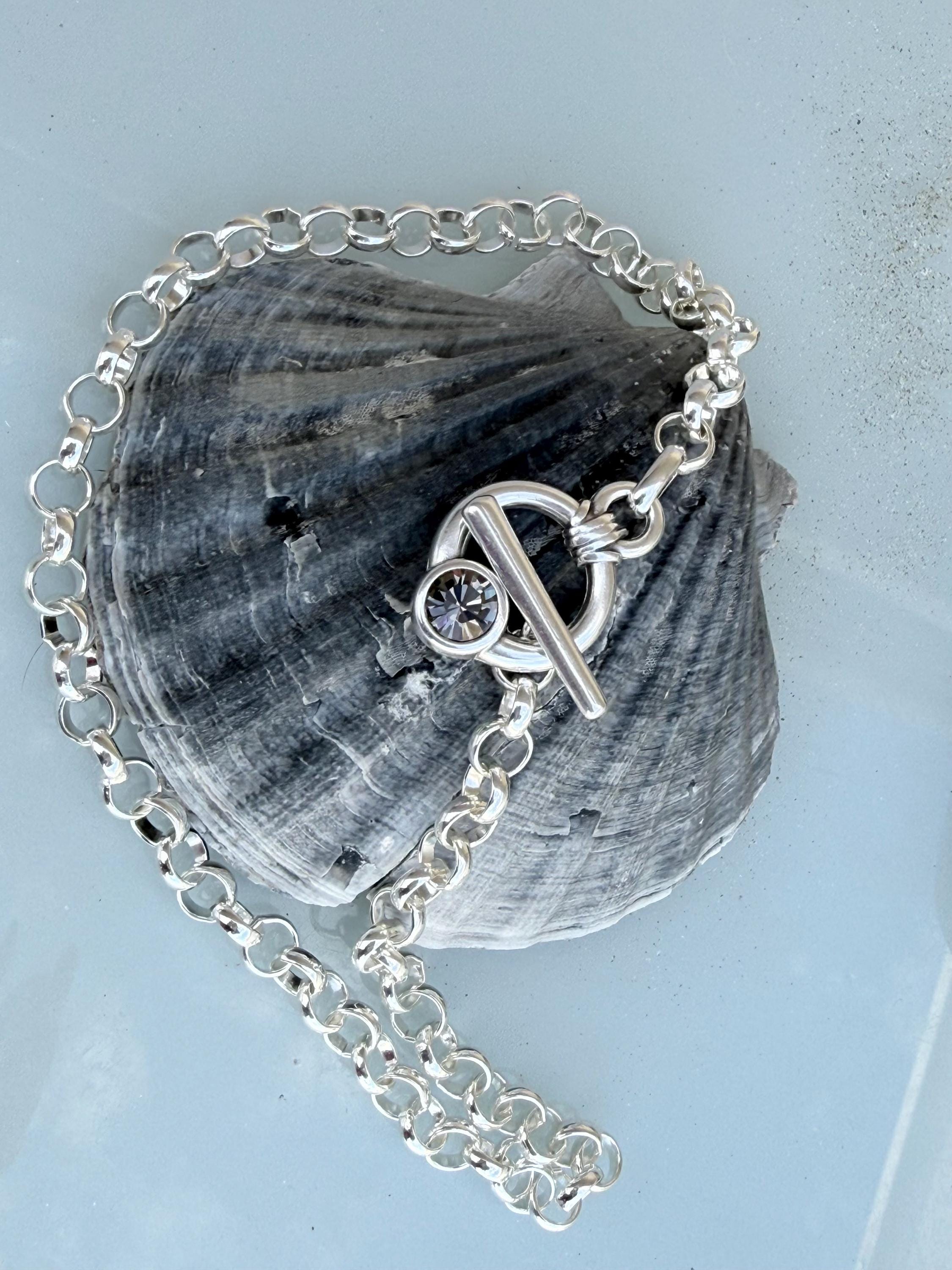 Chunky silver plated chain toggle clasp necklace with Swarovski crystal, bold custom jewelry