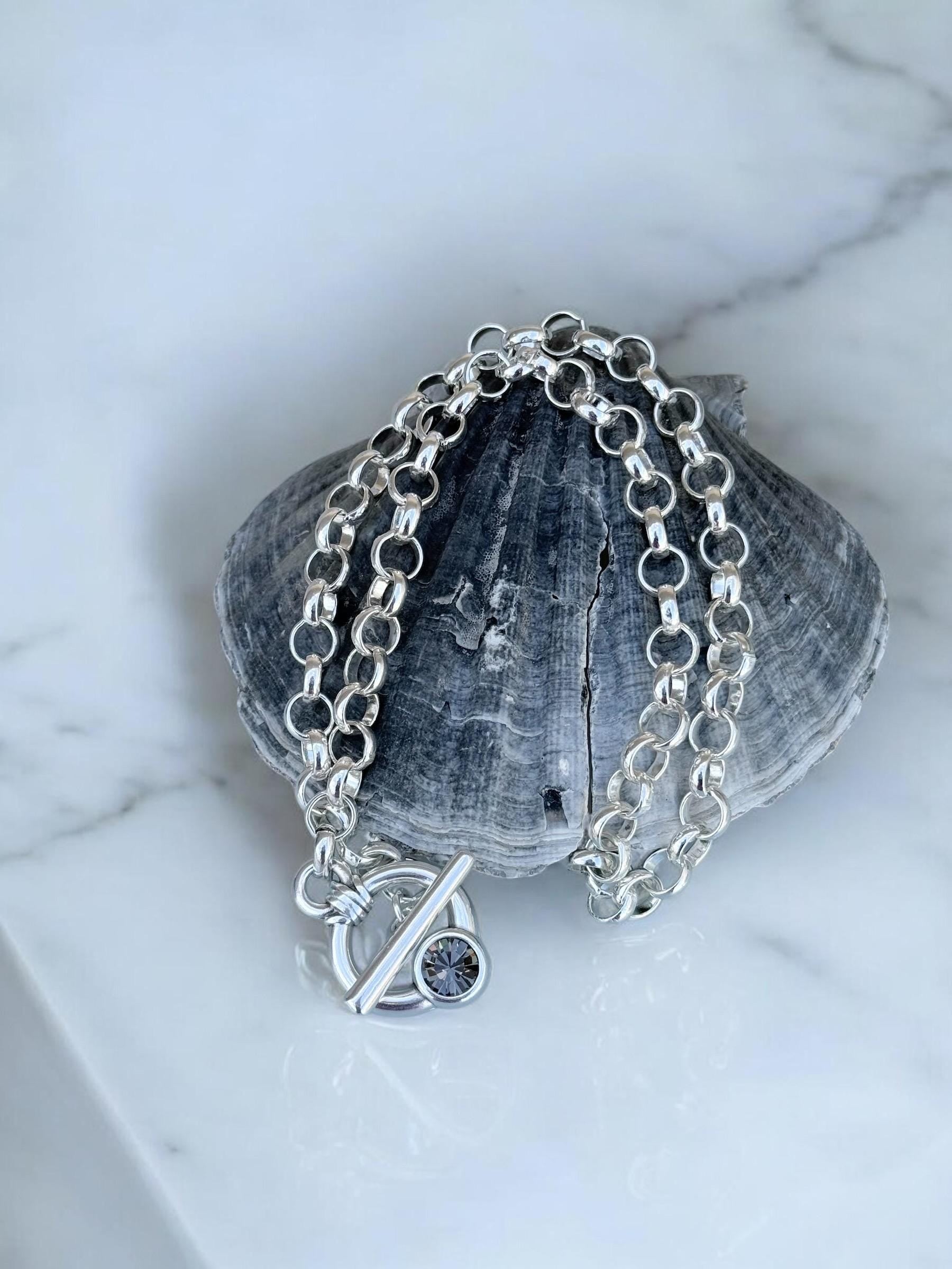 Chunky silver plated chain toggle clasp necklace with Swarovski crystal, bold custom jewelry