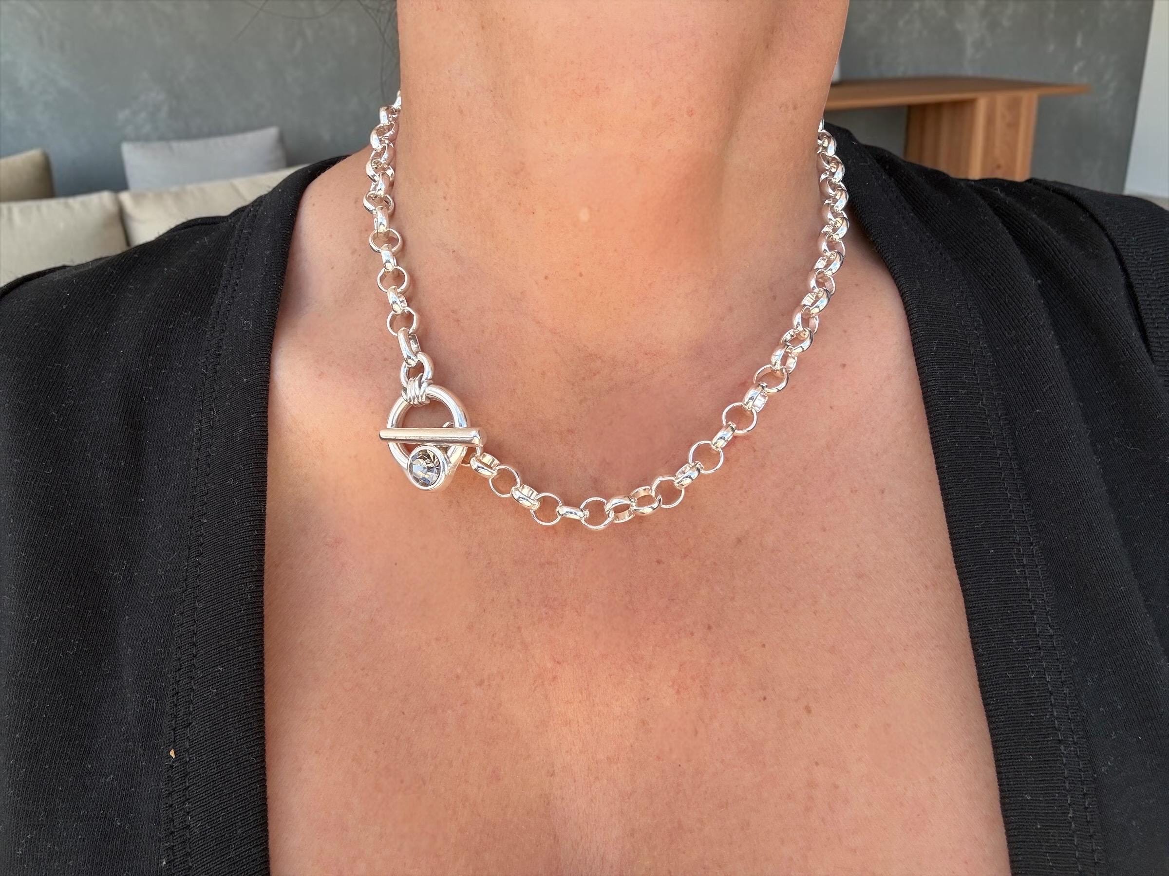 Chunky silver plated chain toggle clasp necklace with Swarovski crystal, bold custom jewelry