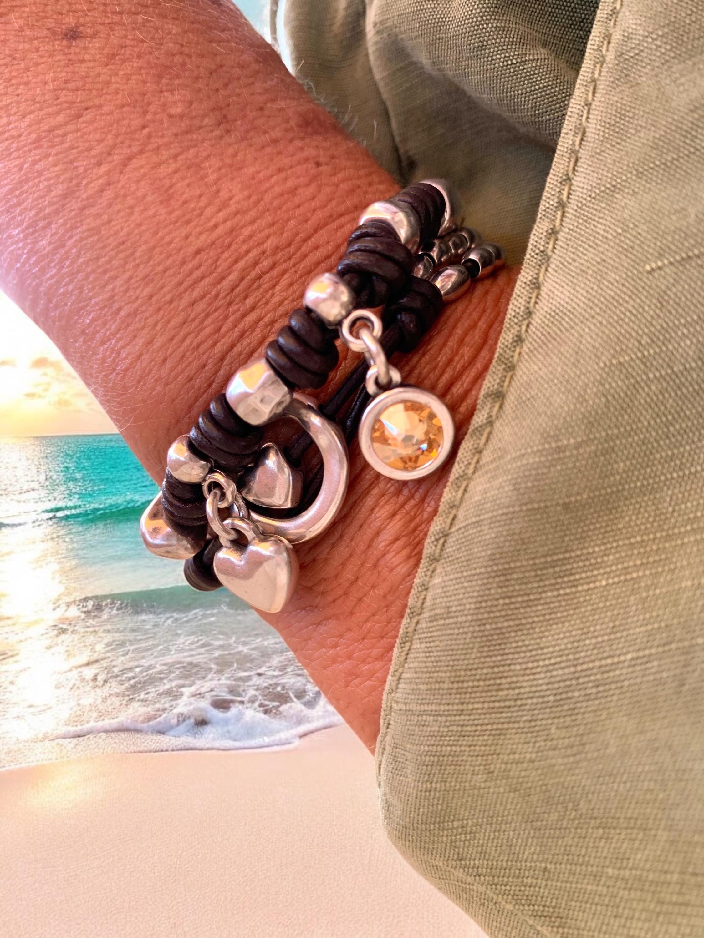 Handmade Wrap Leather and Silver plated cuff Bracelet with Swarovski Crystal & Heart Charms