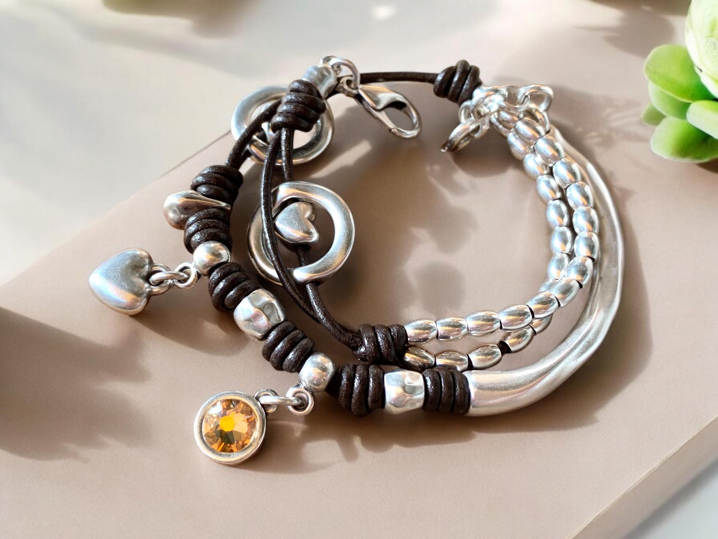 Handmade Wrap Leather and Silver plated cuff Bracelet with Swarovski Crystal & Heart Charms
