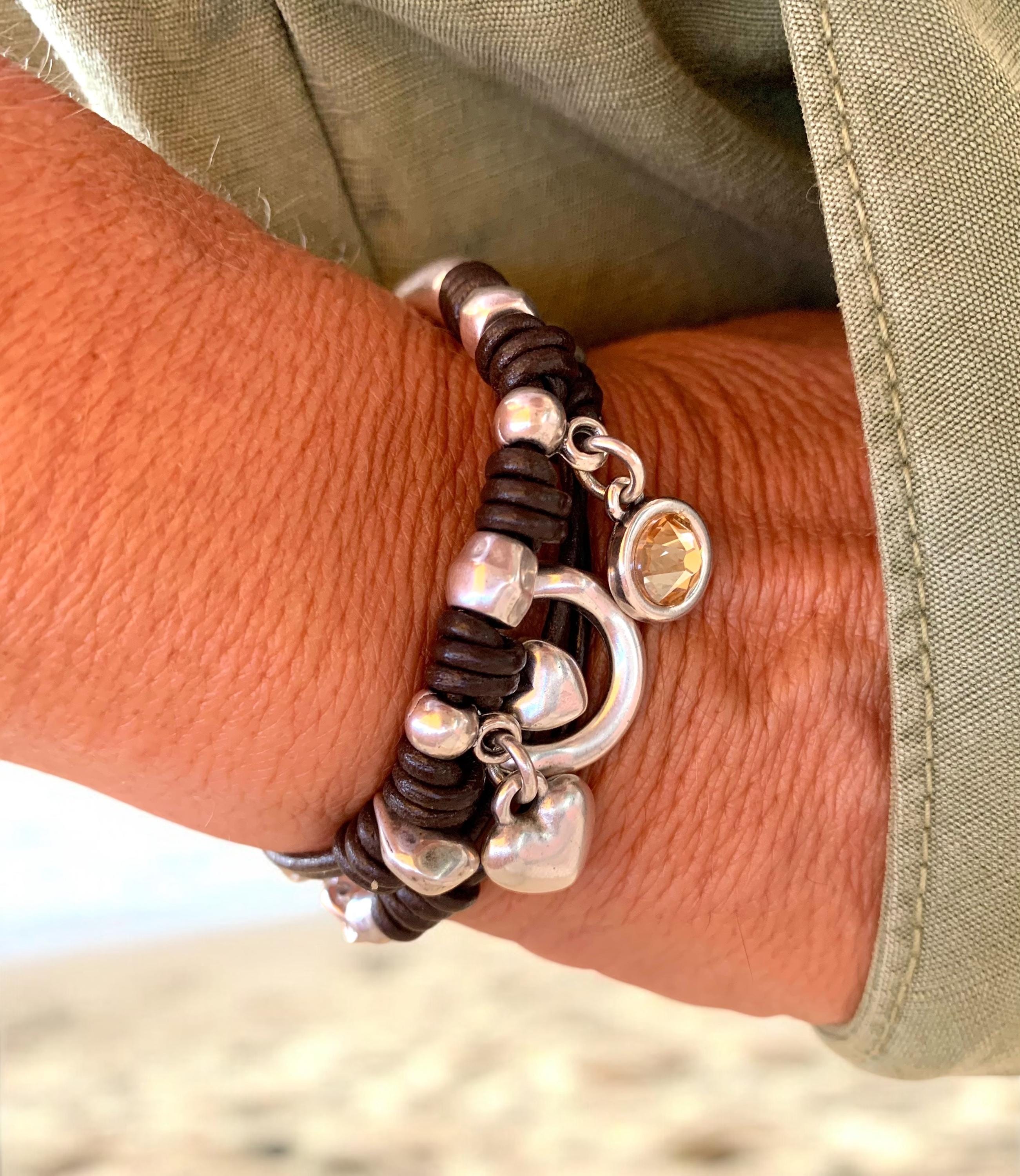 Handmade Wrap Leather and Silver plated cuff Bracelet with Swarovski Crystal & Heart Charms