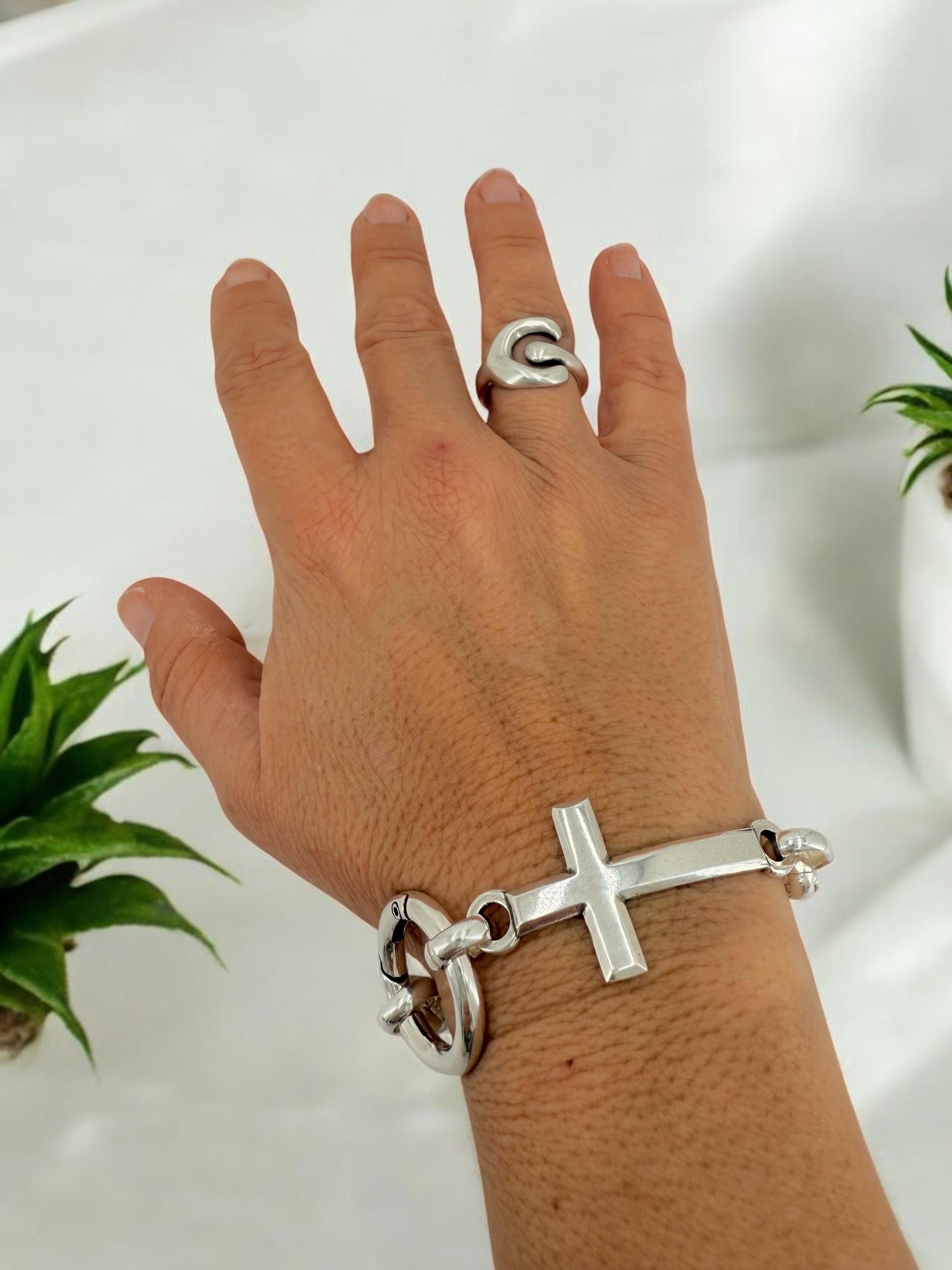 Chunky Silver Chain Bracelet with Cross, Bold Rolo Link, Heavyweight custom Jewelry