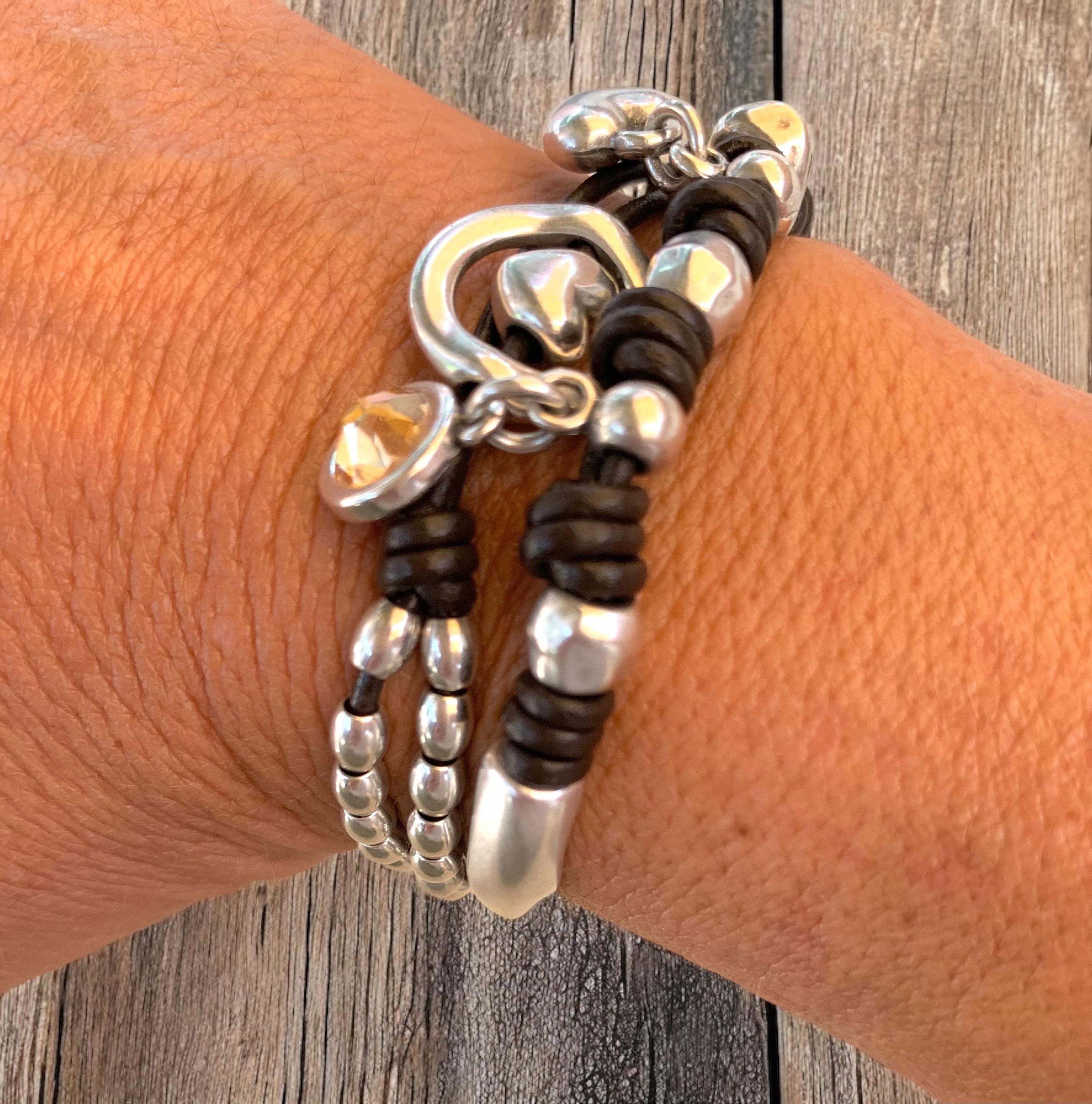 Handmade Wrap Leather and Silver plated cuff Bracelet with Swarovski Crystal & Heart Charms