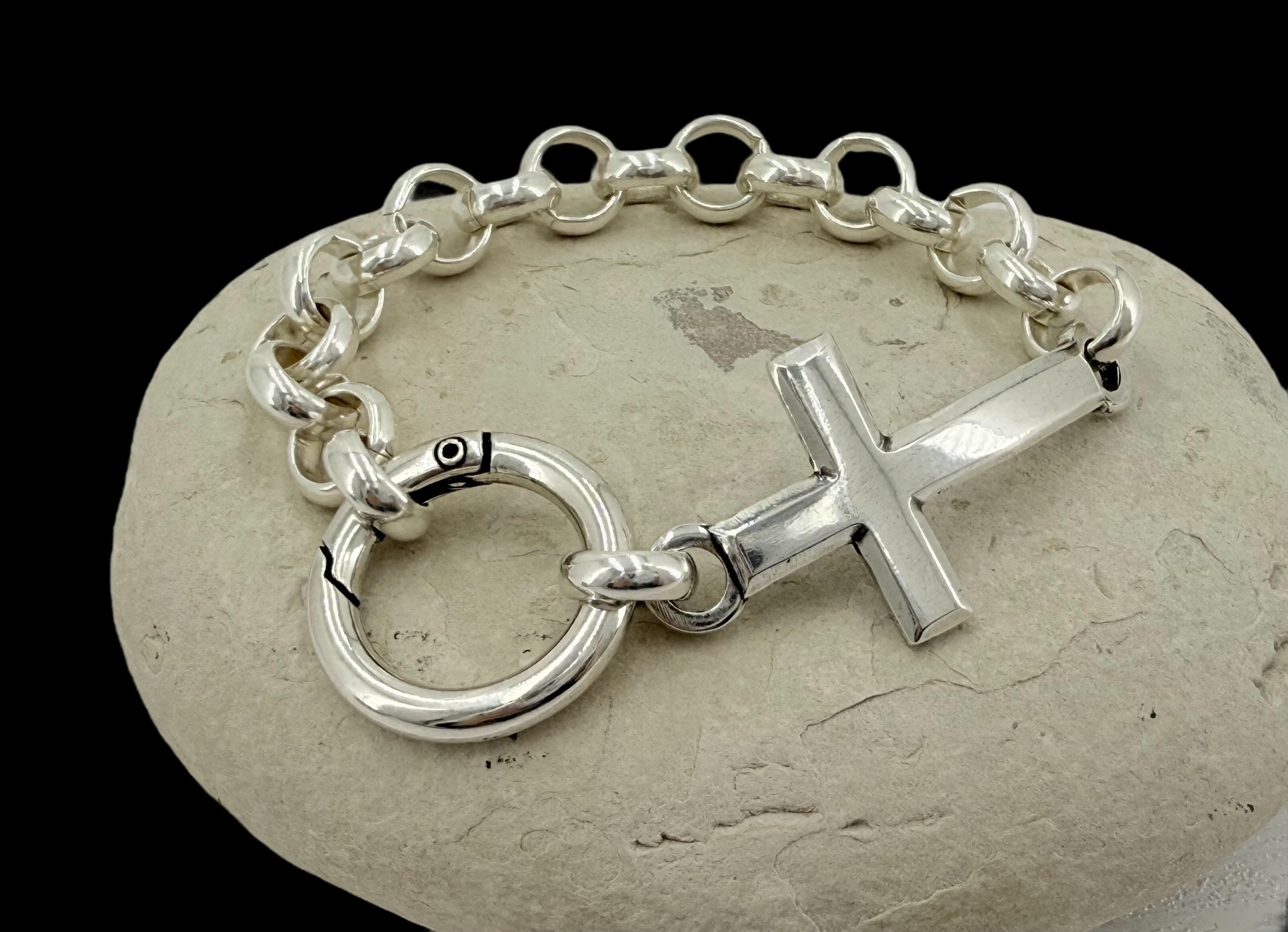 Chunky Silver Chain Bracelet with Cross, Bold Rolo Link, Heavyweight custom Jewelry