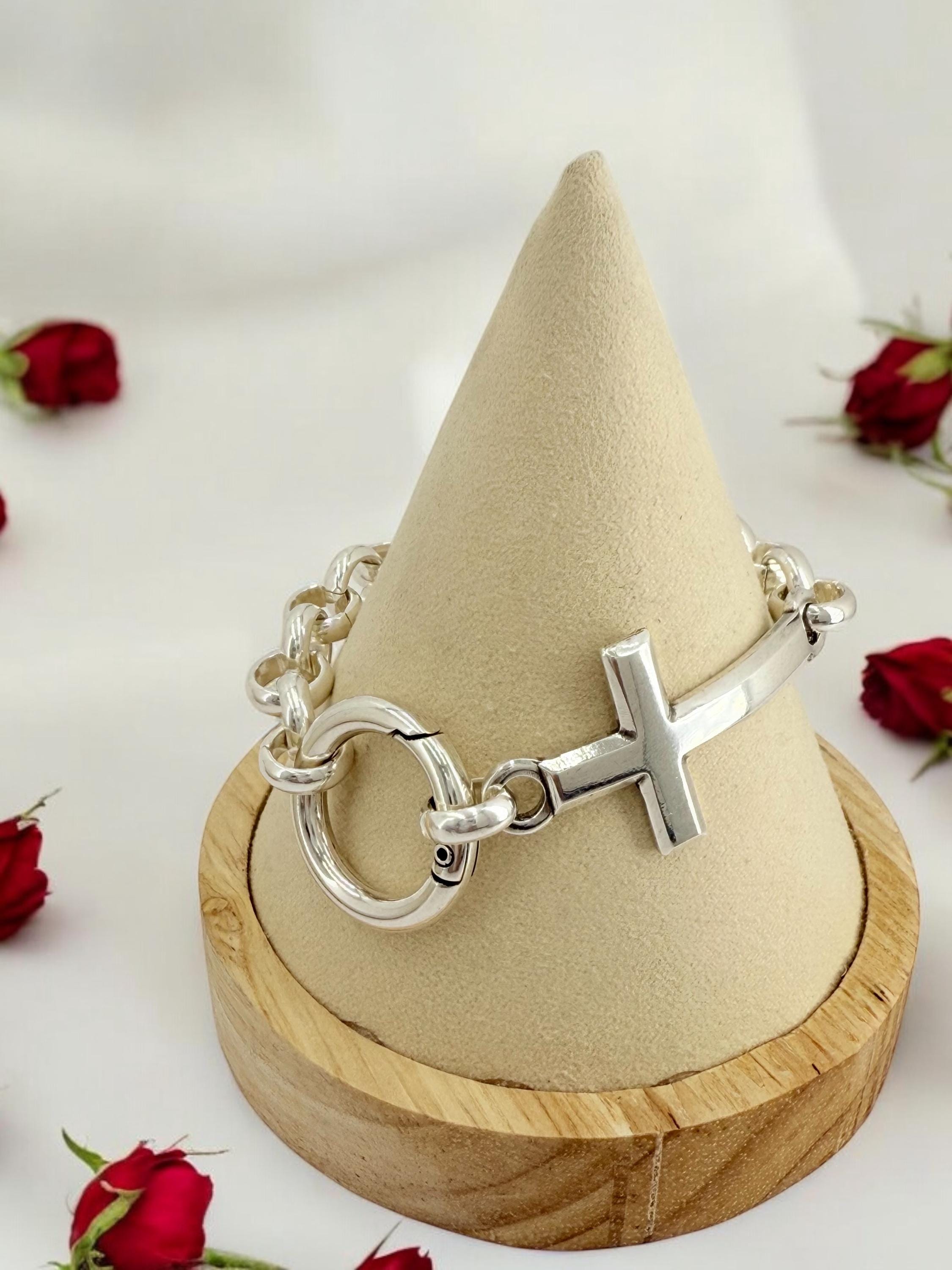 Chunky Silver Chain Bracelet with Cross, Bold Rolo Link, Heavyweight custom Jewelry