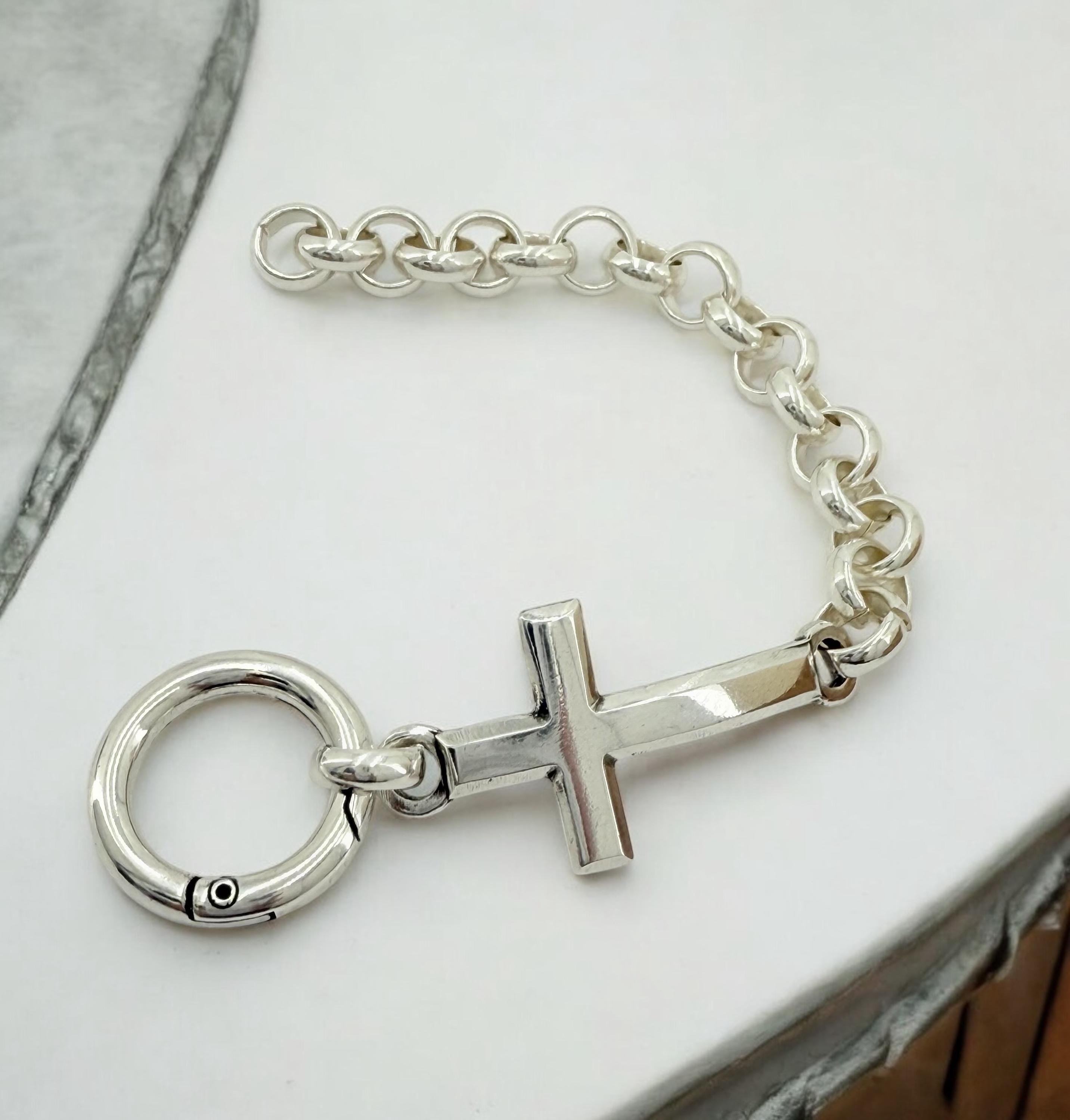 Chunky Silver Chain Bracelet with Cross, Bold Rolo Link, Heavyweight custom Jewelry